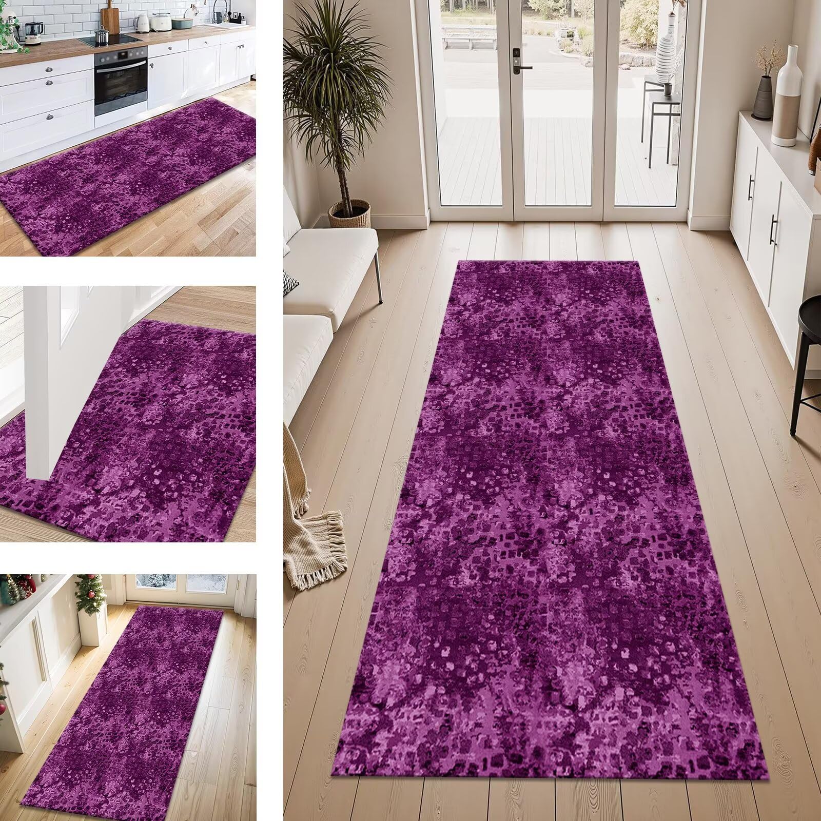 Tapis lavable antidérapant violet 100x350cm haute résistance pour entrées et cuisines