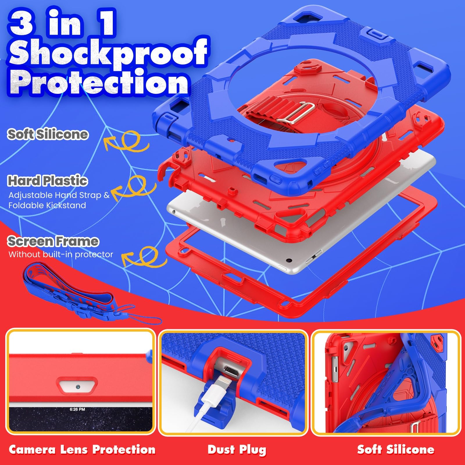 Custodia protettiva per tablet PC compatibile con iPad 9.7/Air 2/iPad Pro 9,7 pollici 2018/2017, custodia in TPU + PC rigido, custodia integrale con supporto rotante a 360 gradi e cinghia da polso,