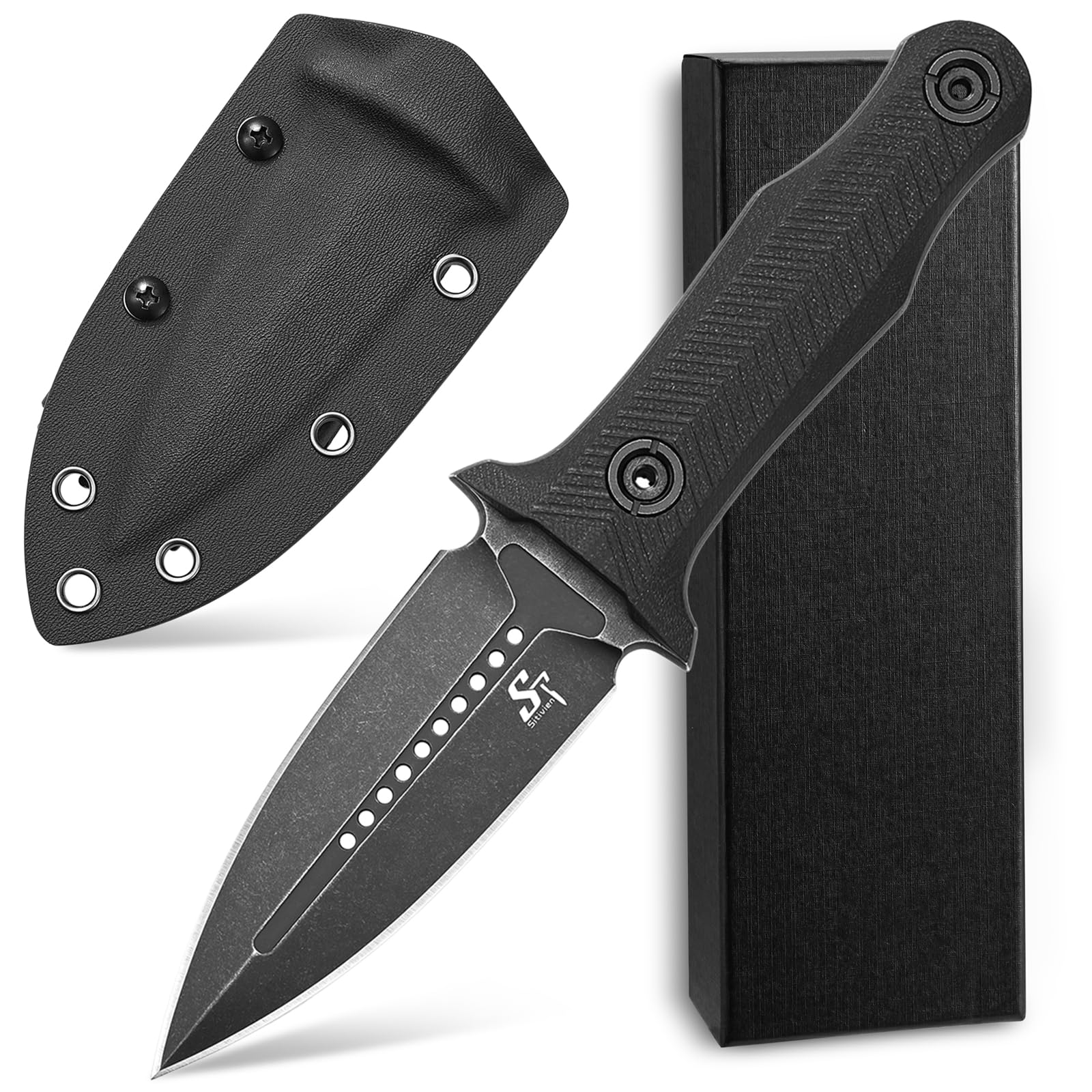 Sitivien ST13 Fixed Blade Knife K110 Black Stonewashed Steel Blade G10 Handle Full Tang Survival Knife for Outdoor EDC Camping Hunting Fishing(Black)