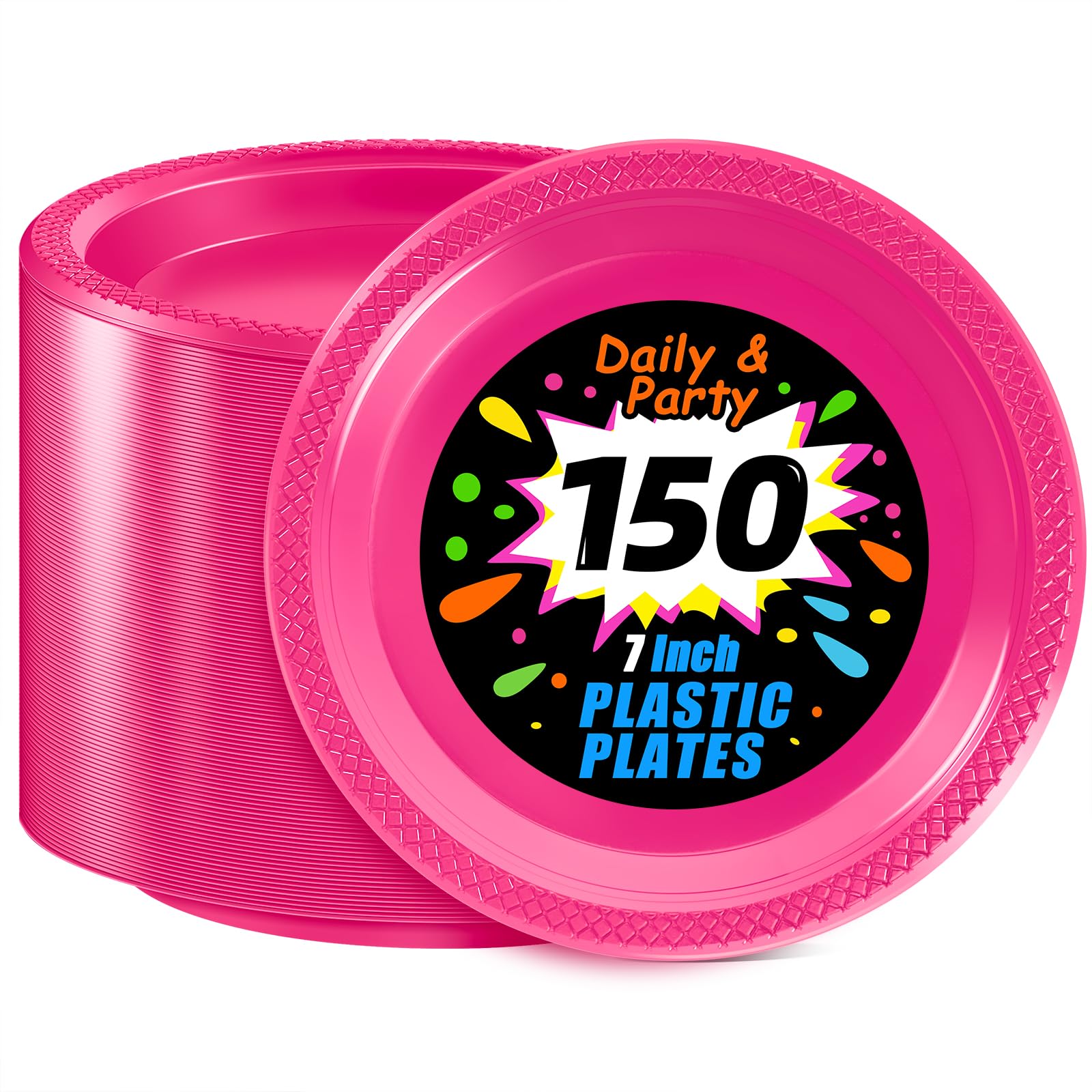 WELLIFE Hot Pink Party Plates 7 Inch -150 Count, Plastic Disposable Dessert Plates for Party Valentine's Day Cake Appetizers Salad Baby Shower Wedding
