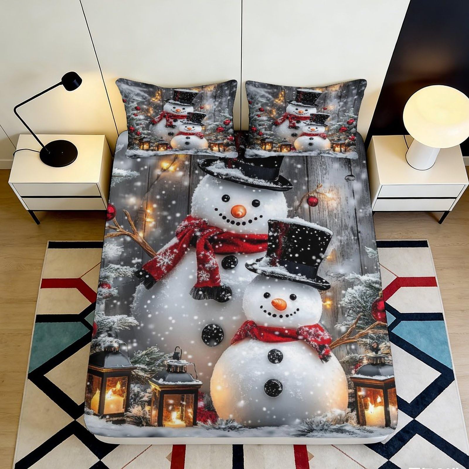 3D Printed Snowman Winter Scene Fitted Sheet Microfiber Soft Mattress Cover for Bedroom Guest Room Holiday Decor 90x200x25cm