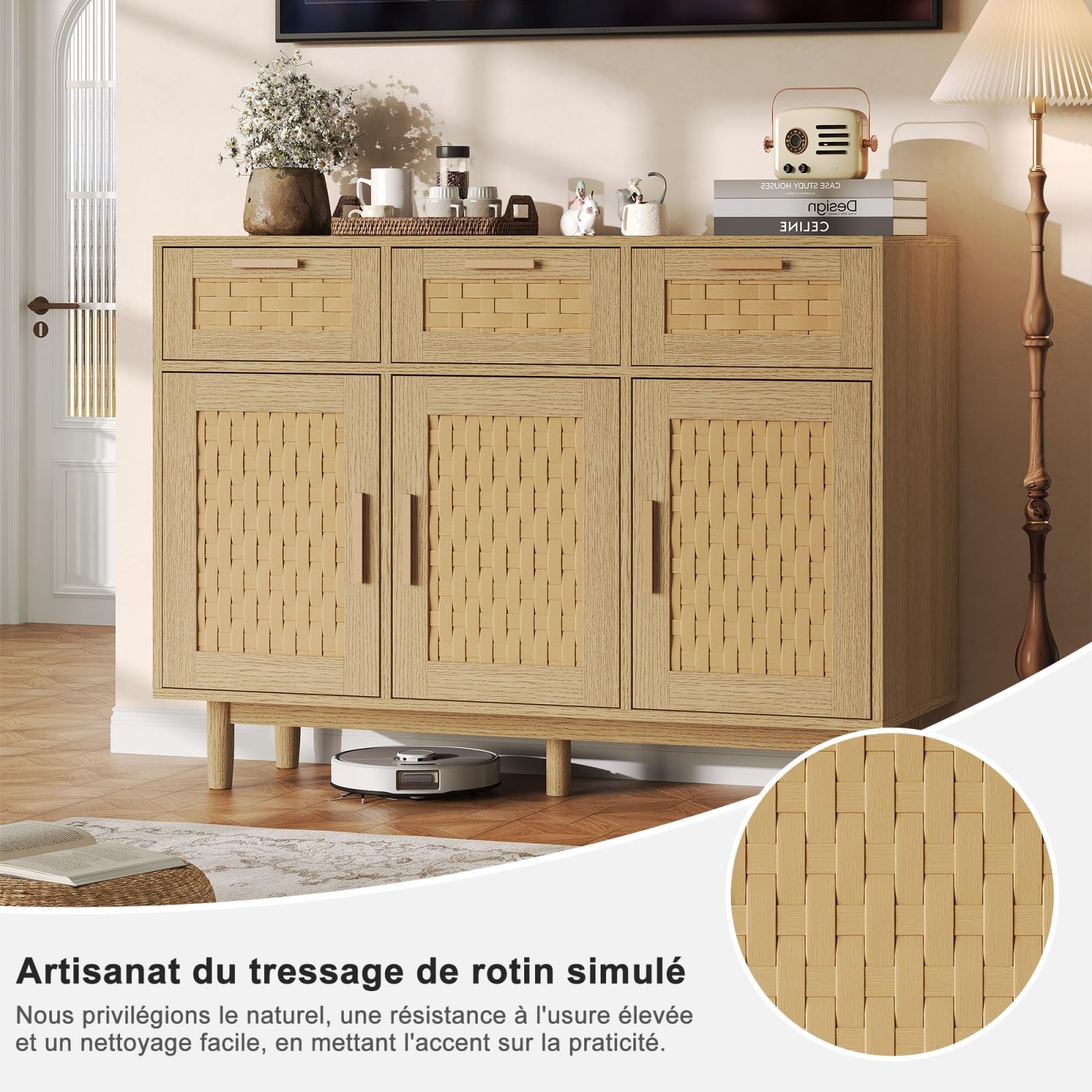 Kredens rattanowy z 3 szufladami i 3 drzwiami, szafka do przechowywania 107,9 x 40 x 80 cm z szafkami na drzwi, komoda z szufladami z nogami, kredens do przechowywania do przedpokoju, wejścia