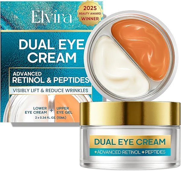 Elvira Dual Eye Cream for Dark Circles, Puffiness, Eye Bags, Wrinkles, Age-Defying, Tightening, and Moisturizing with Advanced Retinol, Five-Peptide Complex, and Stem Cell Extracts – 0.68 OZ