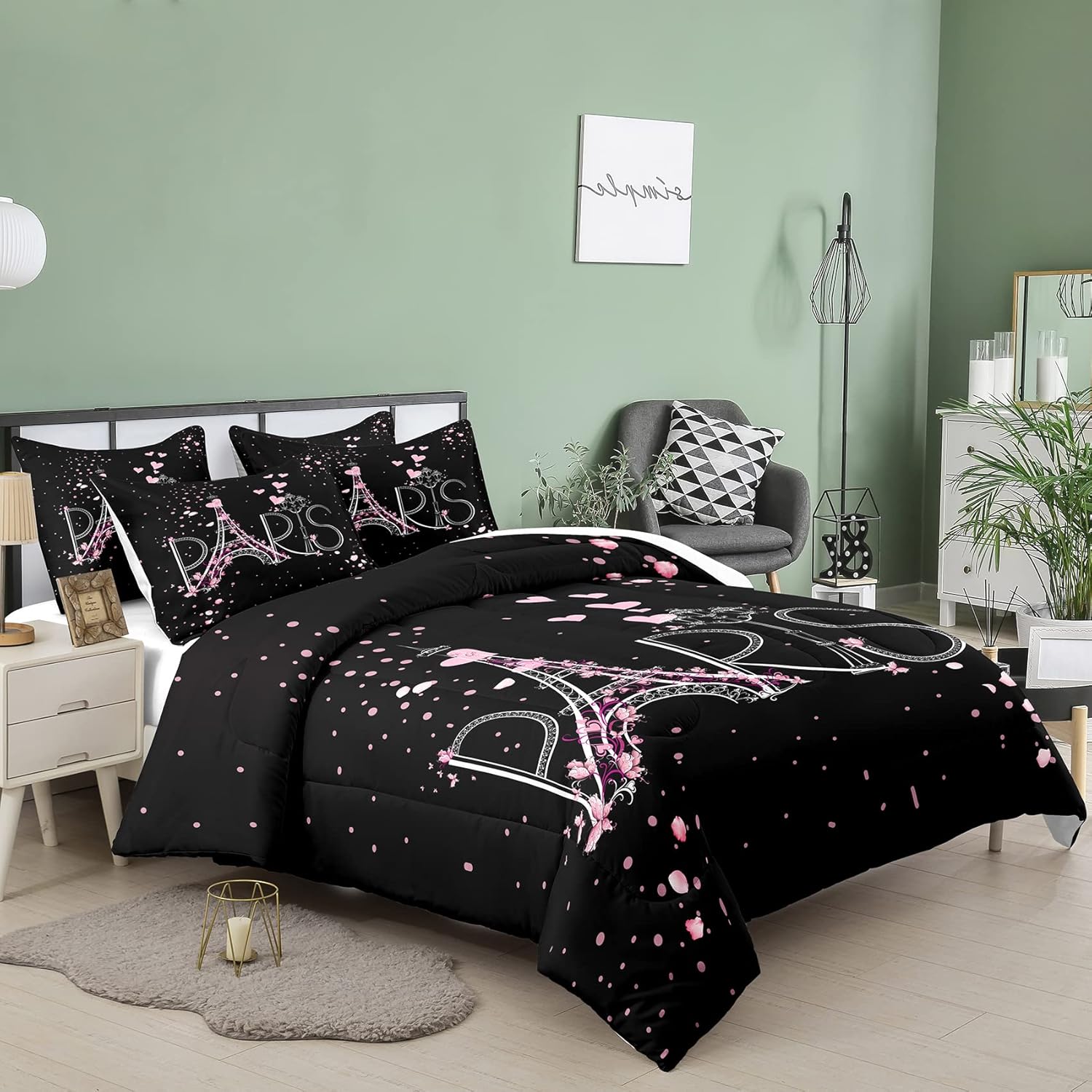 Eiffel Tower Comforter Set Chic Paris Bedding Set Romantic Theme Comforter for Boys Girls Children Teens Black Pink Bedroom Decor Modern French Style Comforter Set Queen Size with 2 Pillow Case