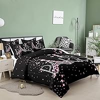 Vista 2 de Juego de edredón de la Torre Eiffel, elegante juego de ropa de cama de París con temática romántica, decoración de dormitorio negro y rosa, juego