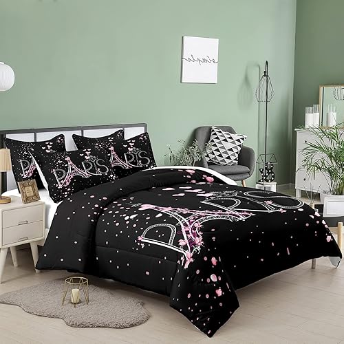 Miniatura 2 de Juego de edredón de la Torre Eiffel, elegante juego de ropa de cama de París con temática romántica, decoración de dormitorio negro y rosa, juego de