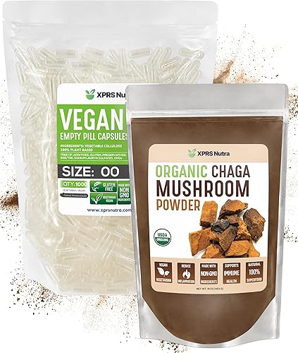 XPRS Nutra Polvo de chaga orgánico de 16 onzas con tamaño 00 cápsulas vacías preseparadas (1000 unidades)