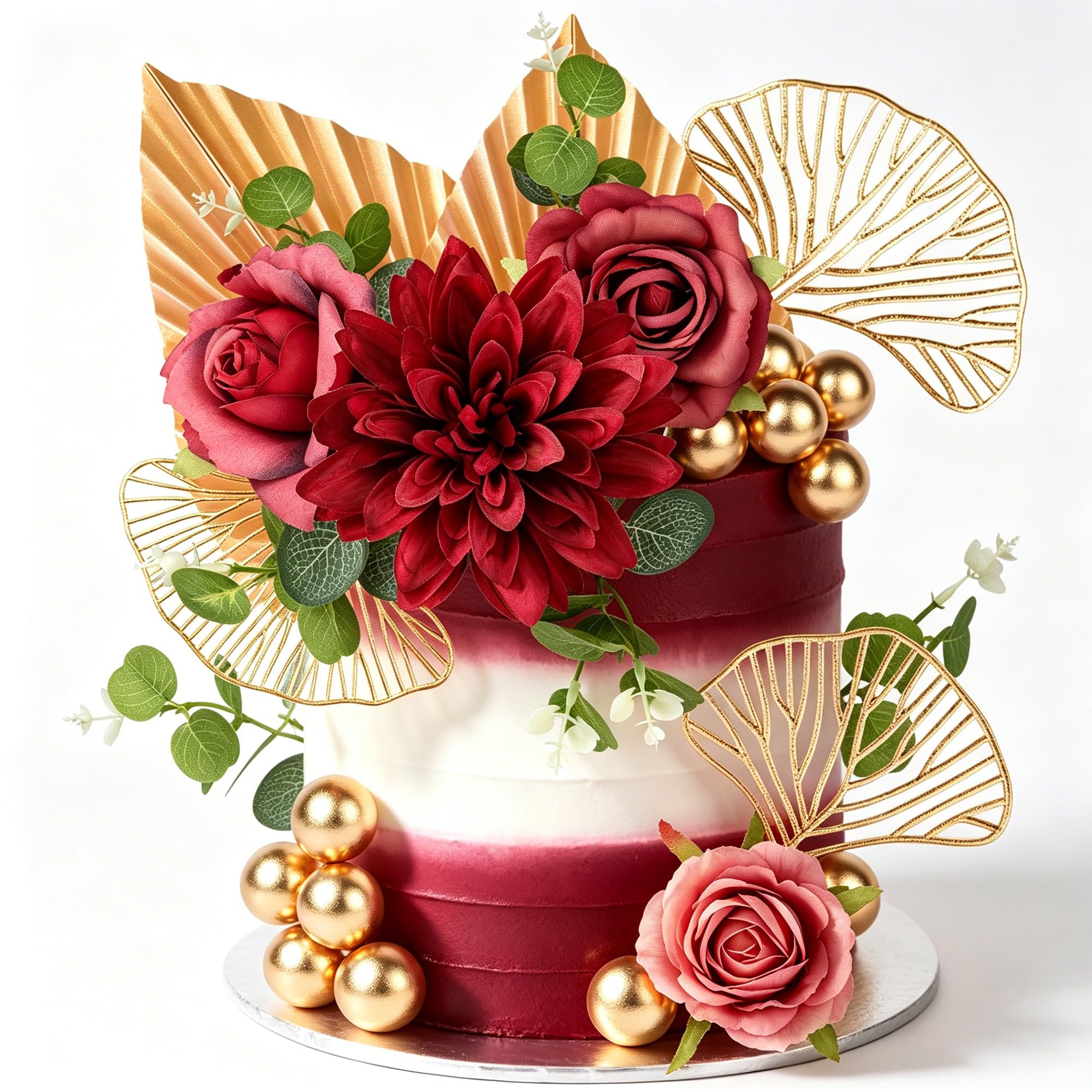Xsstarmi Boho Flower Cake Decorations with Foam Ball Gold Ginkgo Leaves Wine Dahlia Rose Floral Cake Decor for Baby Shower Wedding Bridal Shower Birthday Party Cake Decorations