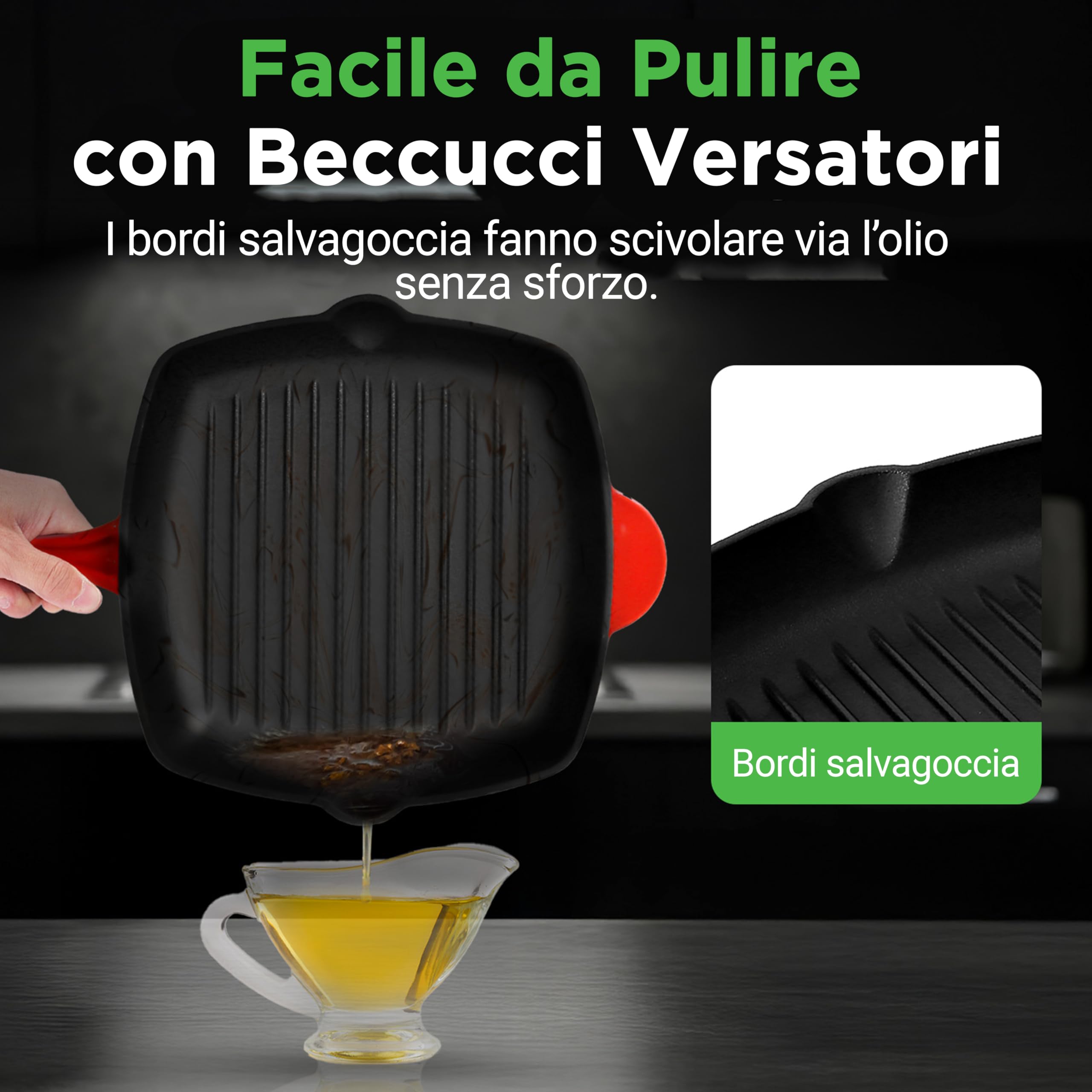NutriChef Bistecchiera Antiaderente in Ghisa Smaltata da 28 cm, Padella Quadrata con Beccuccio, Compatibile con Tutti i Piani Cottura, Segni di Grigliatura