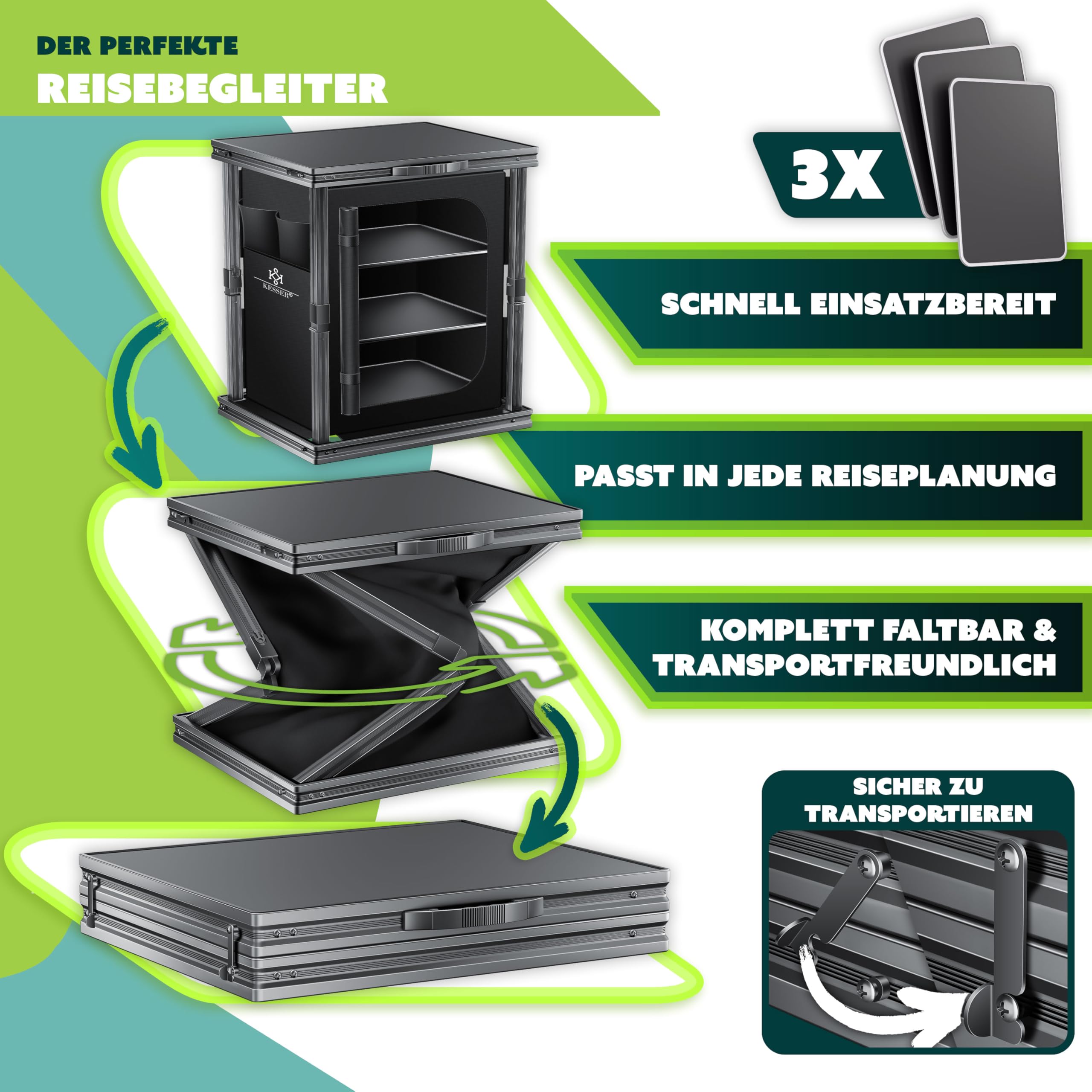 KESSER® Camping Küche faltbar | Outdoor Campingschrank 60x80cm | Küchenschrank mit Aluminiumgestell, 3 Fächer inkl. Seitentaschen & Fliegengitter | Campingküche aus UV-resistentem Stoff