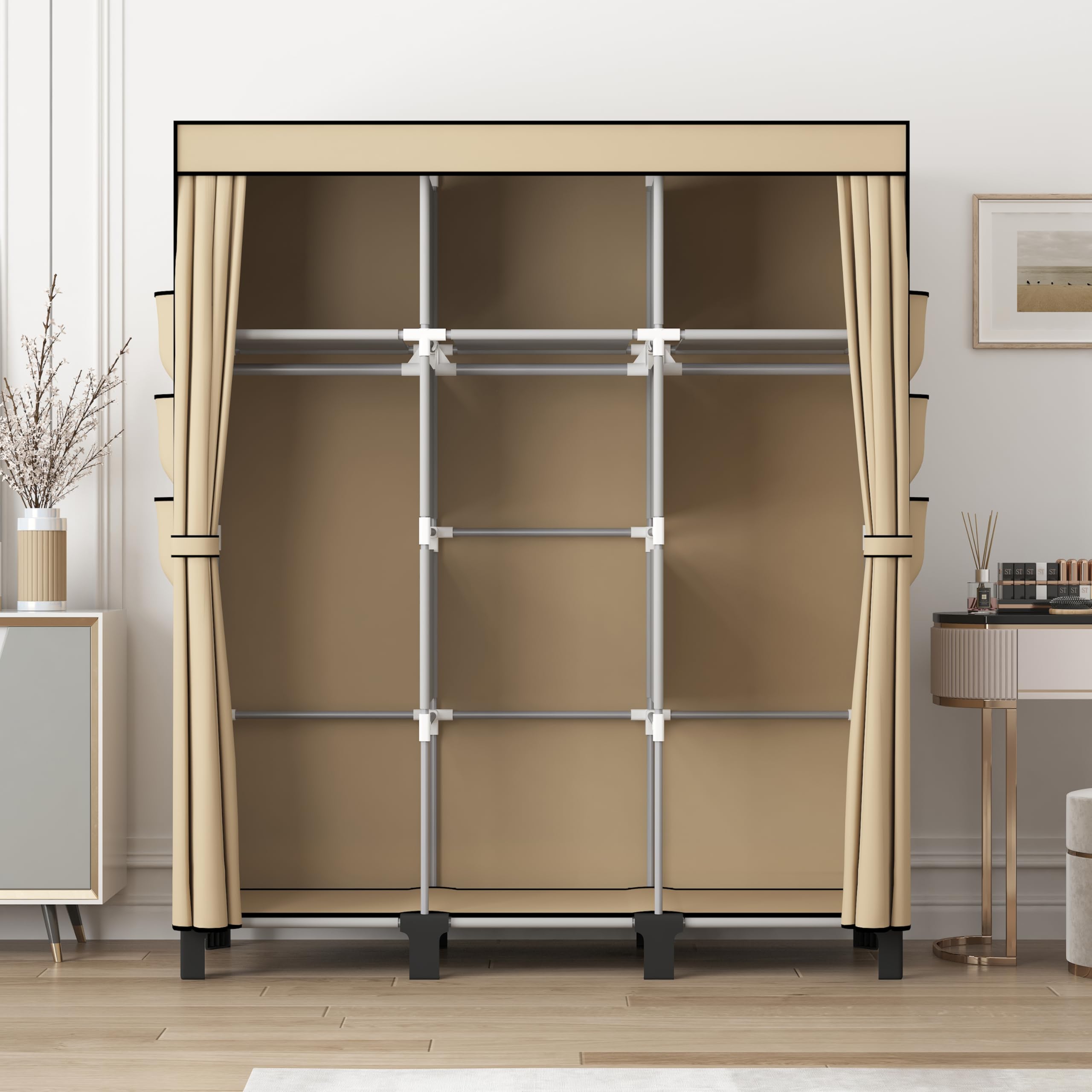 Tragbarer Vlies-Stoffschrank 130x45x170cm faltbar mit 3 Hängebereichen & 18 Seitentaschen (Beige)