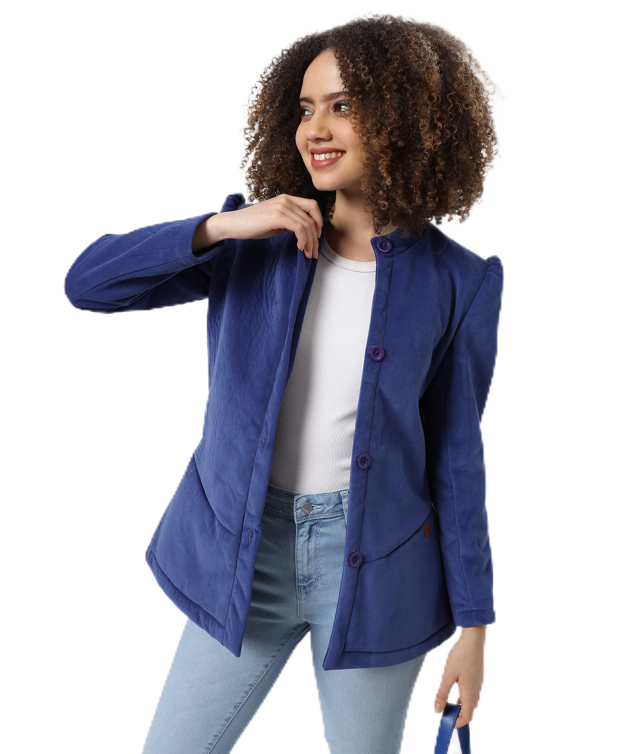 pinacolada Campus Sutra Women's Navy Blue Solid Regular Fit Blazer for Winter Wear | Standing Collar | Full Sleeve | Buttoned | Casual Jacket for Woman & Girl | Western Stylish Jacket for Women-picture-32