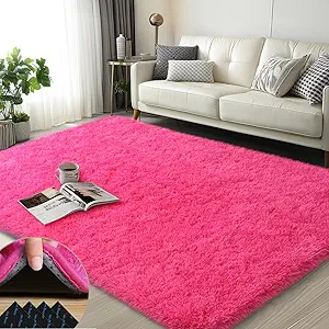 3x5 Rugs for Bedroom, Fluffy Area Rugs for Living Room, Soft Shag Kids Rug Small Carpet with 4 Non-Slip Rug Pads (Hot Pink, 3ft x 5ft)