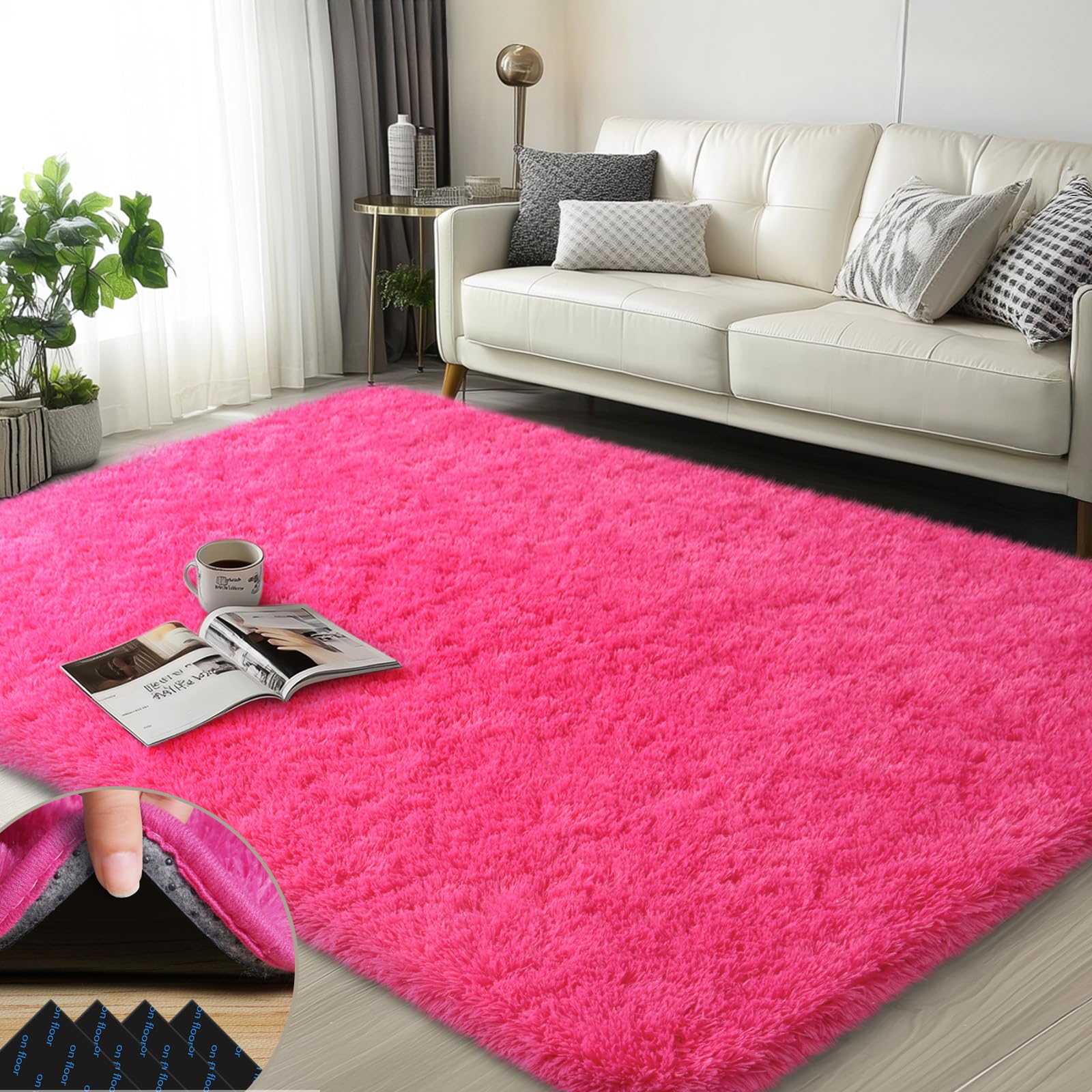 Mugorn 3x5 Rugs for Bedroom, Fluffy Area Rugs for Living Room, Soft Shag Kids Rug Small Carpet with 4 Non-Slip Rug Pads (Hot Pink, 3ft x 5ft)