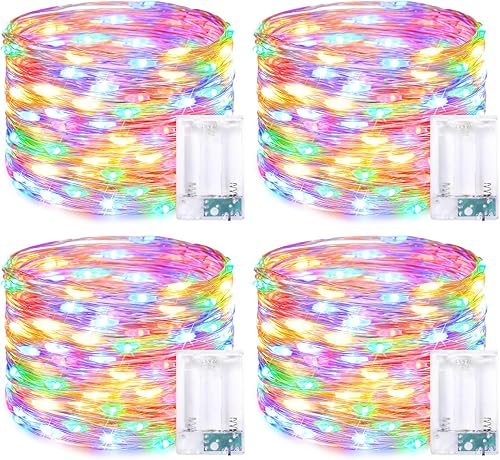 JMEXSUSS Paquete de 4 unidades de 50 luces LED multicolor de hadas operadas por batería, cada una de 16 pies, luces de Navidad multicolor