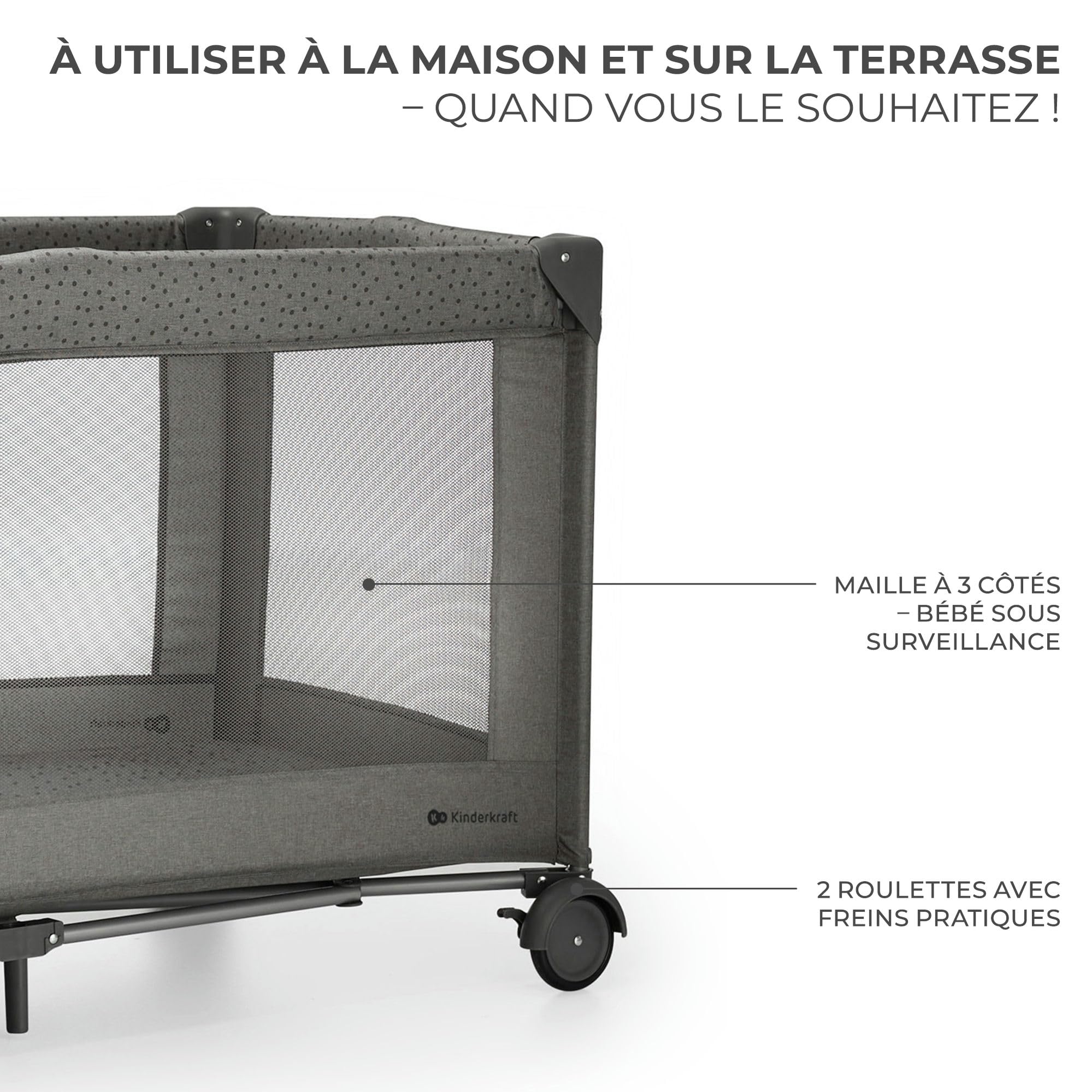 Kinderkraft Joy 2 ACC Lit Parapluie 2 en 1, Lit bébé de la Naissance Jusqu’à 15 kg, 120 x 60 cm, Facile à Plier, Carrousel avec Jouets, Étagères pour Les Couches, Sac de Transport Inclus, Gris