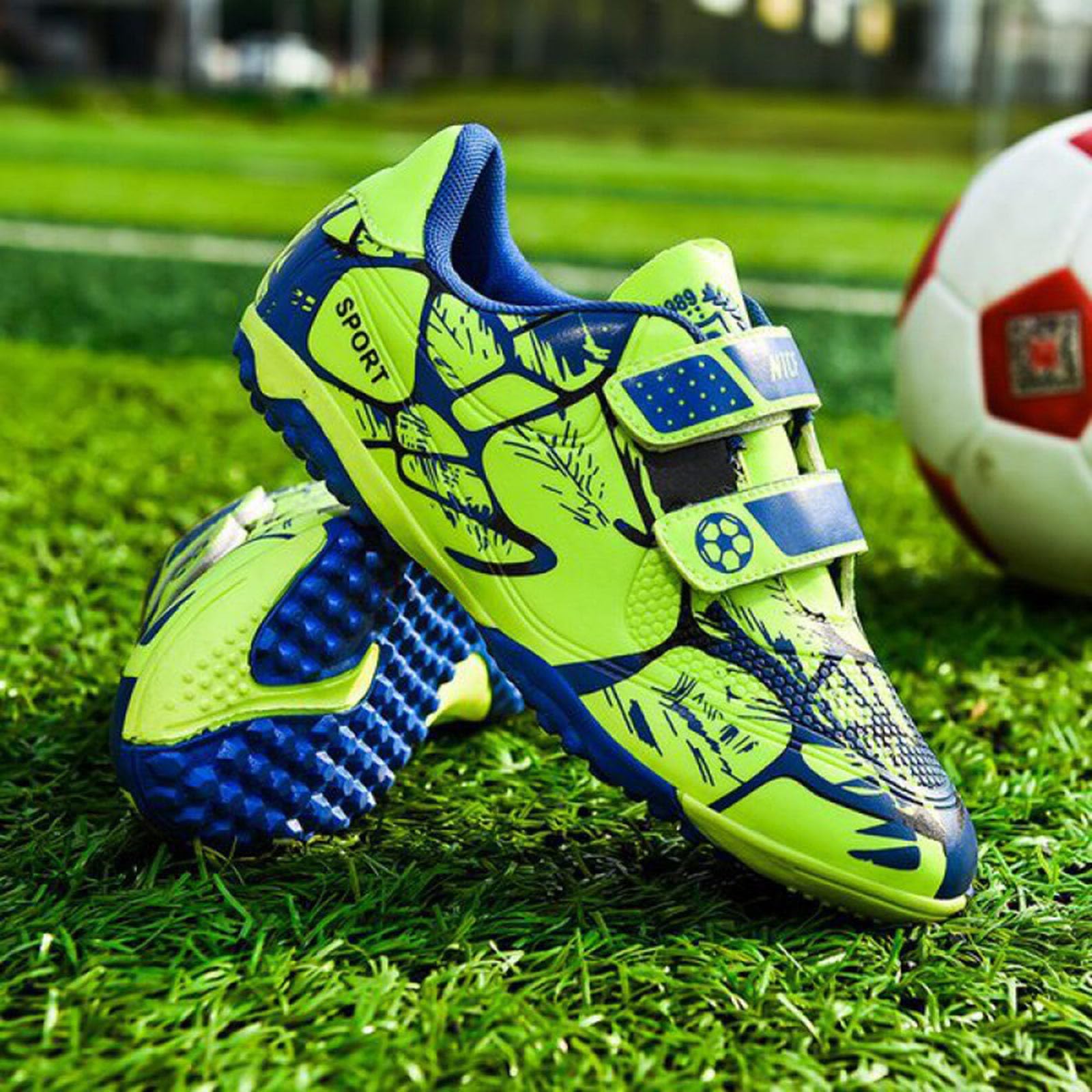 Chaussures de sport pour enfant - Chaussures de football - Fermeture - Crampons - Semelle plate - Surface en cuir - Chaussures d'entraînement pour l'école primaire - Chaussures de sport pour garçon
