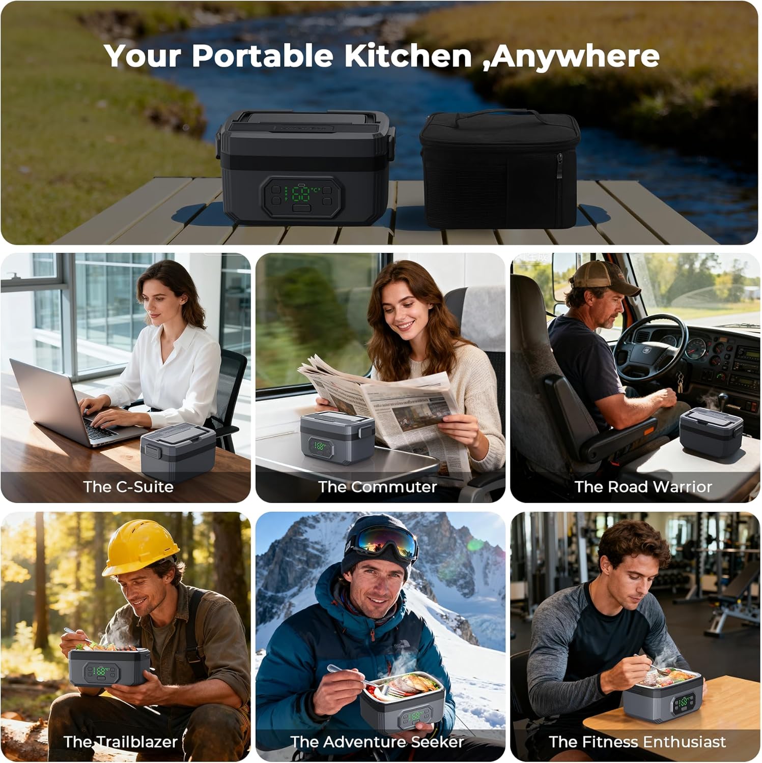 Portable Electric Lunch Box – 1200ml Self-Heating Food Container with 6-Temp Control, Long-Lasting Battery & USB-C –Wireless Food Warmer for Office, Camping, Travel – Includes Insulated Bag & Utensils