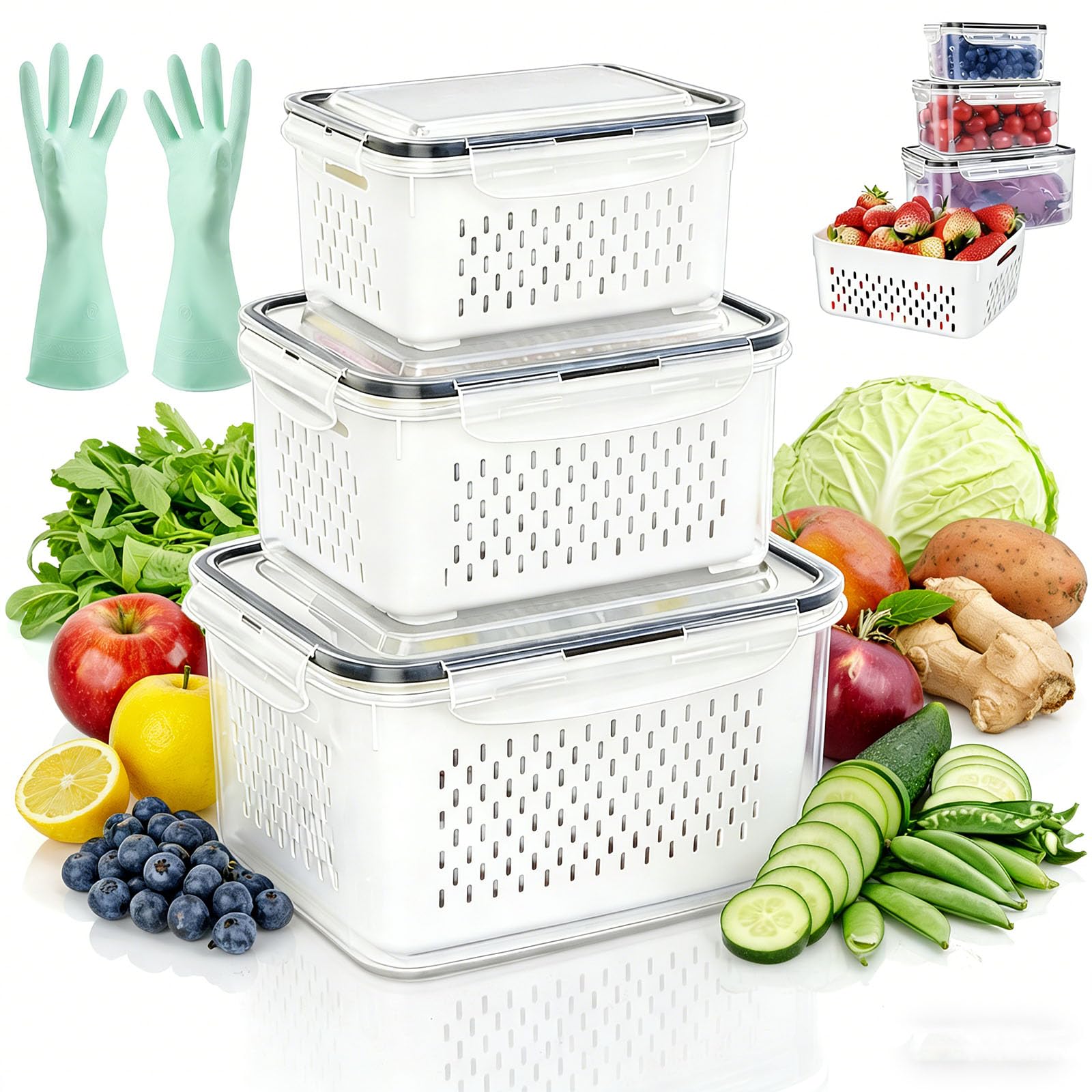 Jmwub 4 in 1 Food Storage Container, Fruit Storage Containers for Fridge with Removable Colanders, Household Transparent Plastic Food Storage Box-Including Drain Basket, Vegetable Storage (#2,L+L)