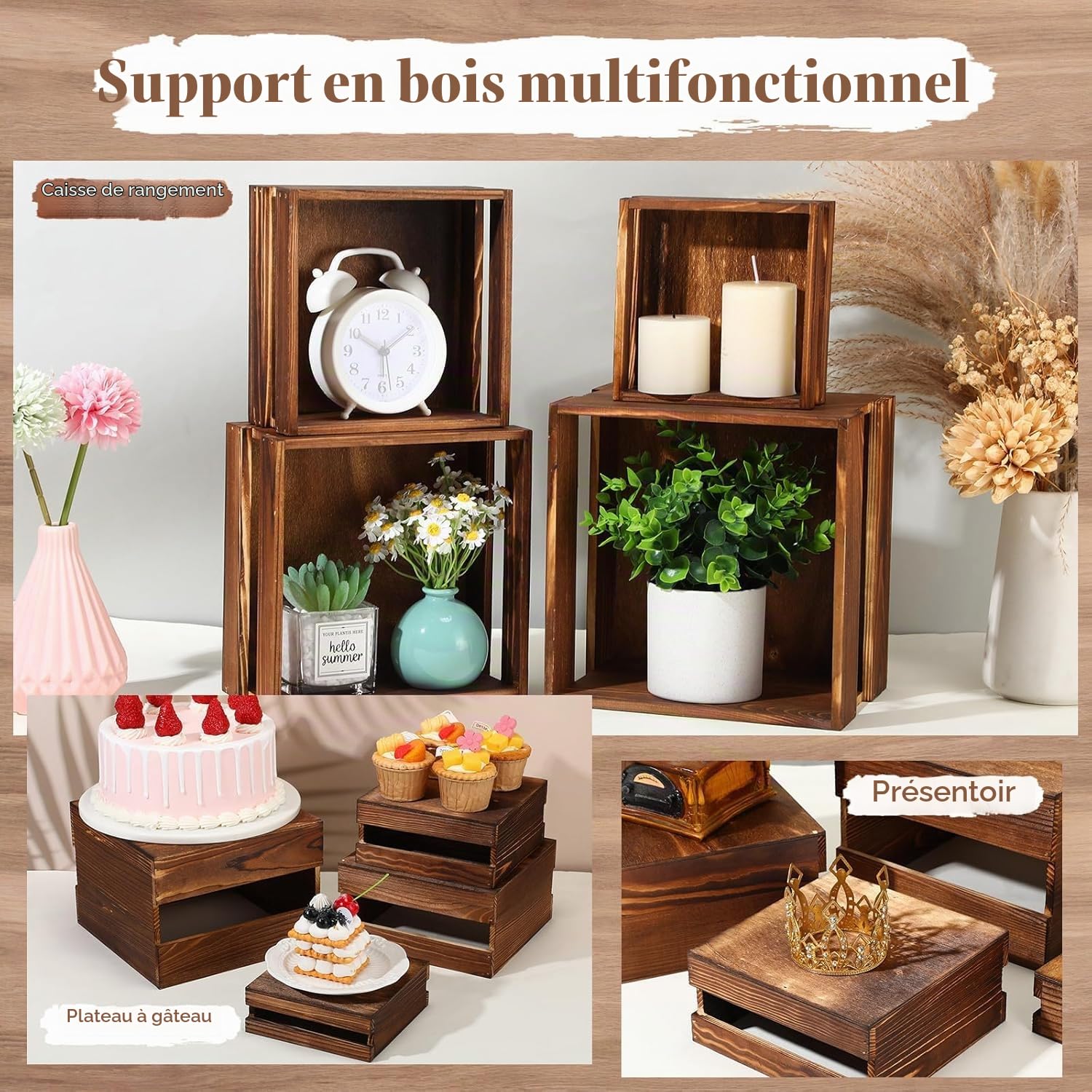 Lot de 8 Presentoir Buffet avec Mini-Panneaux, Présentoirs à gâteaux rustiques en Bois avec Fond Creux, pour Mariage, Anniversaire ou fête