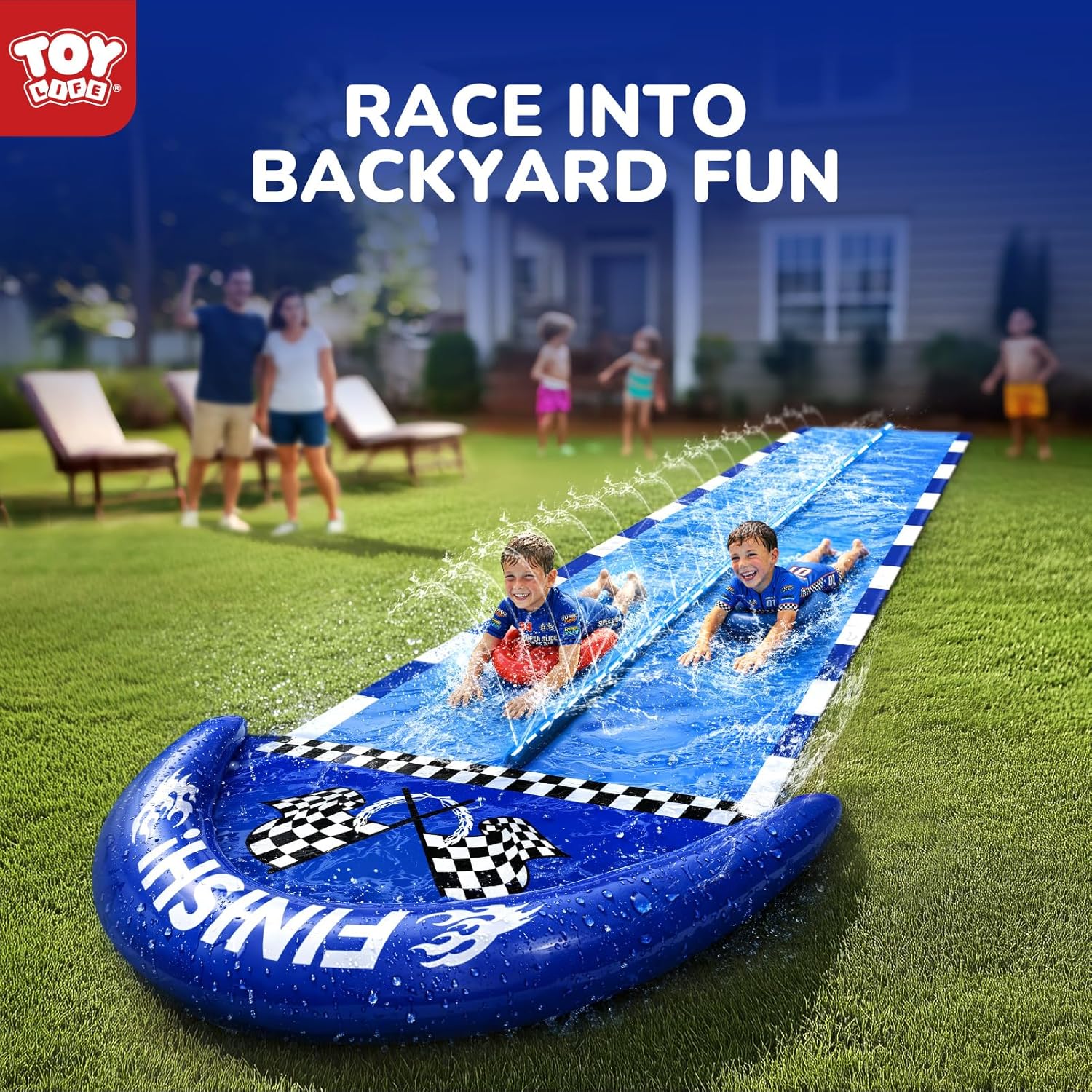 TOY Life Giant Race Car Water Slides for Kids 20Ft Waterslide Backyards Lawn with 2 Bodyboards, 2 Lane Slip Splash and Slide Summer Toys with Built-in Sprinkler for Backyard Outdoor Water Toys