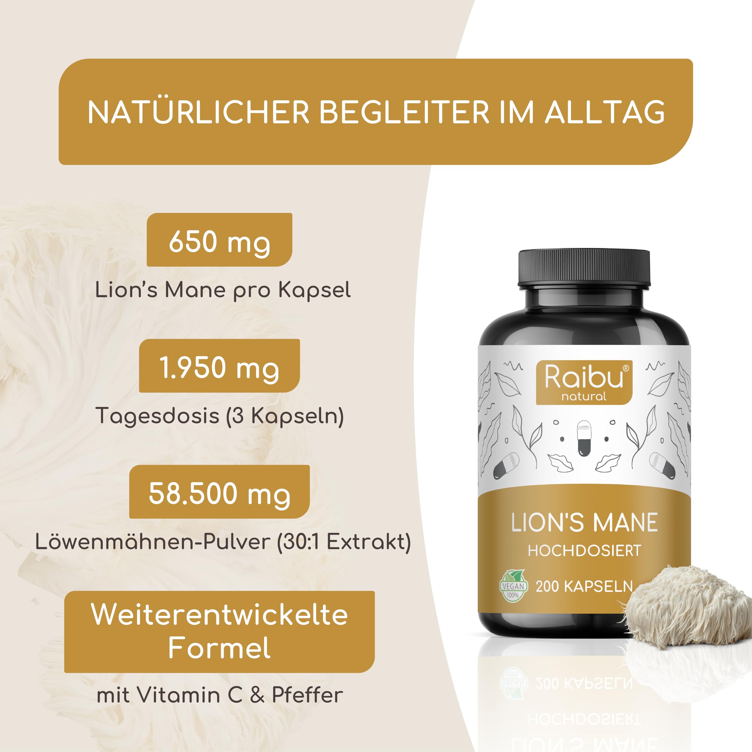 Lions Mane (Hericium Erinaceus) - 1950mg Hericium Extrakt Tagesdosis - 30:1 Extrakt (58.500mg Löwenmähne Pilz) - Mit 30% Polysaccharide & 5% Beta Glucan - Vegan und Laborgeprüft - Raibu