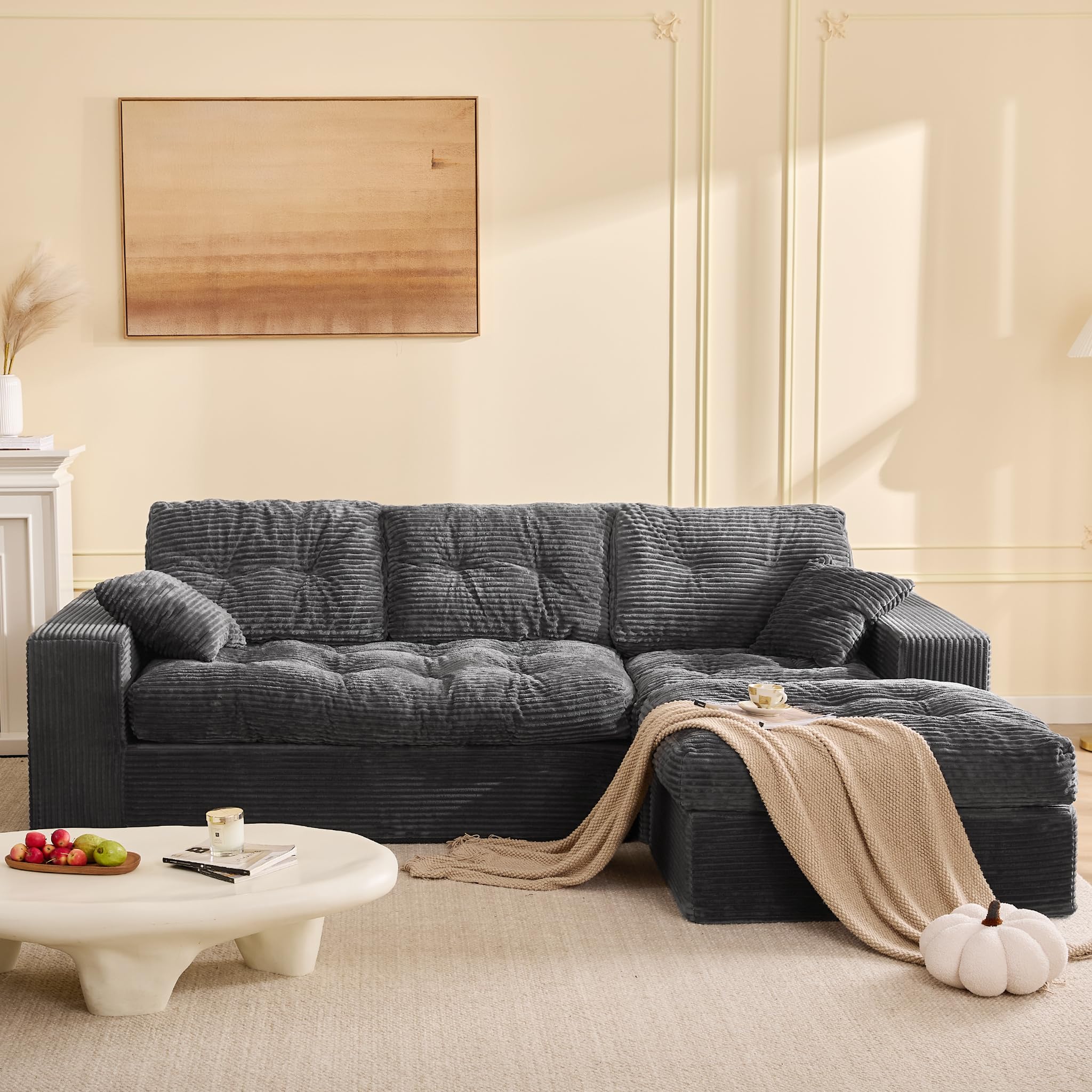 Litbird 3‑Sitzer Ecksofa Schwarz – Modulares Sofa mit Recamiere, Cordstoff Bezug, Schlafsofa & Relaxsofa, Wohnzimmer Sofa ohne Montage, 3‑Sitzer Sofa für geräumiges Wohnzimmer