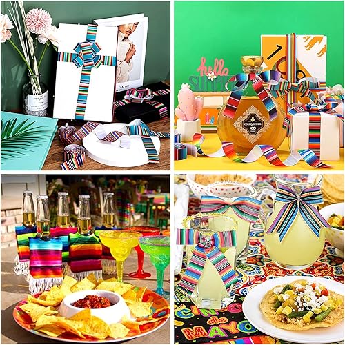 Miniatura 5 de Craftdady 2 rollos de cinta mexicana para fiesta, cinta de grogrén a rayas de arco iris de colores de 0.984 in2.480 in para bricolaje, lazos para el