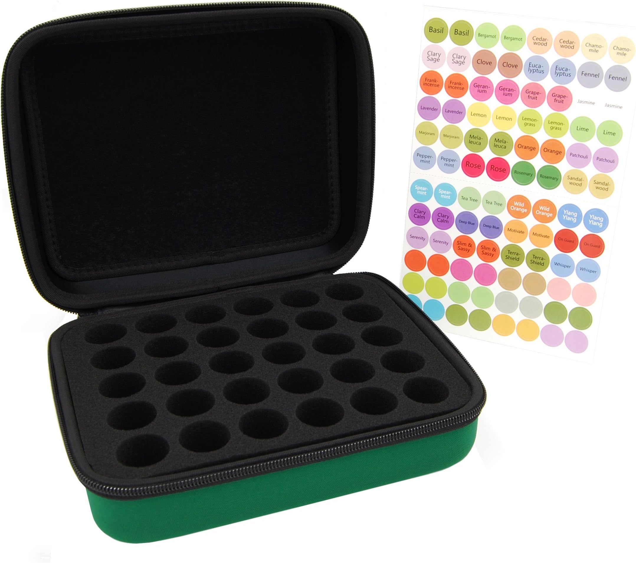 30-Bottle Essential Oil Carrying Case Holds 5ml, 10ml, 15ml Bottles - Hard Shell Storage Organizer Bag w/Free Stickers - Compatible with doTerra, Young Living and Others (Green)