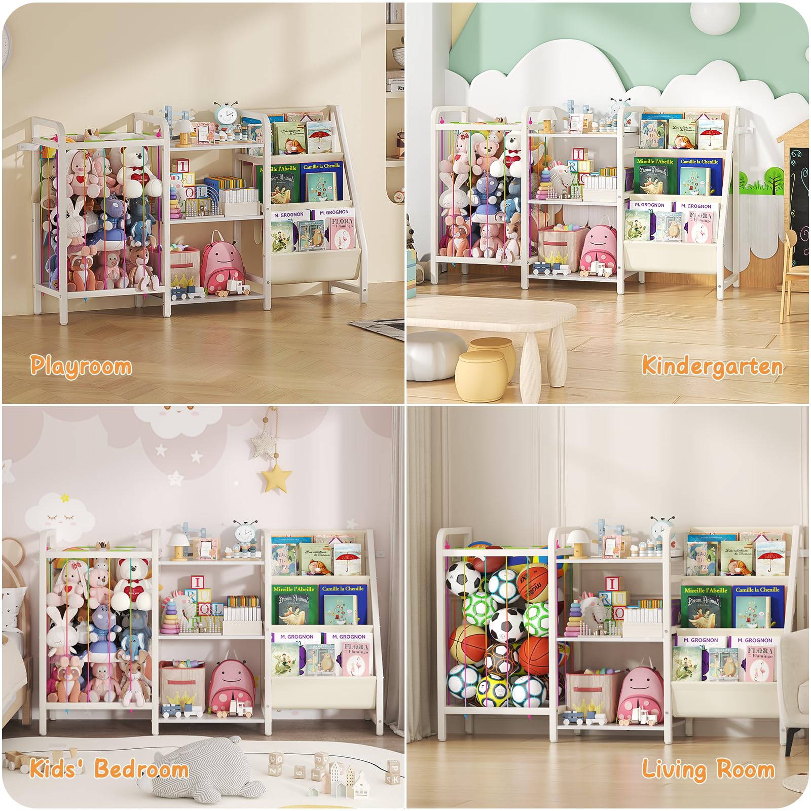 B1 - Estantería infantil y almacenamiento de juguetes, estante para libros de 3 niveles para habitaciones de niños, estantería para bebés con almacenamiento de animales de peluche, estantería 8