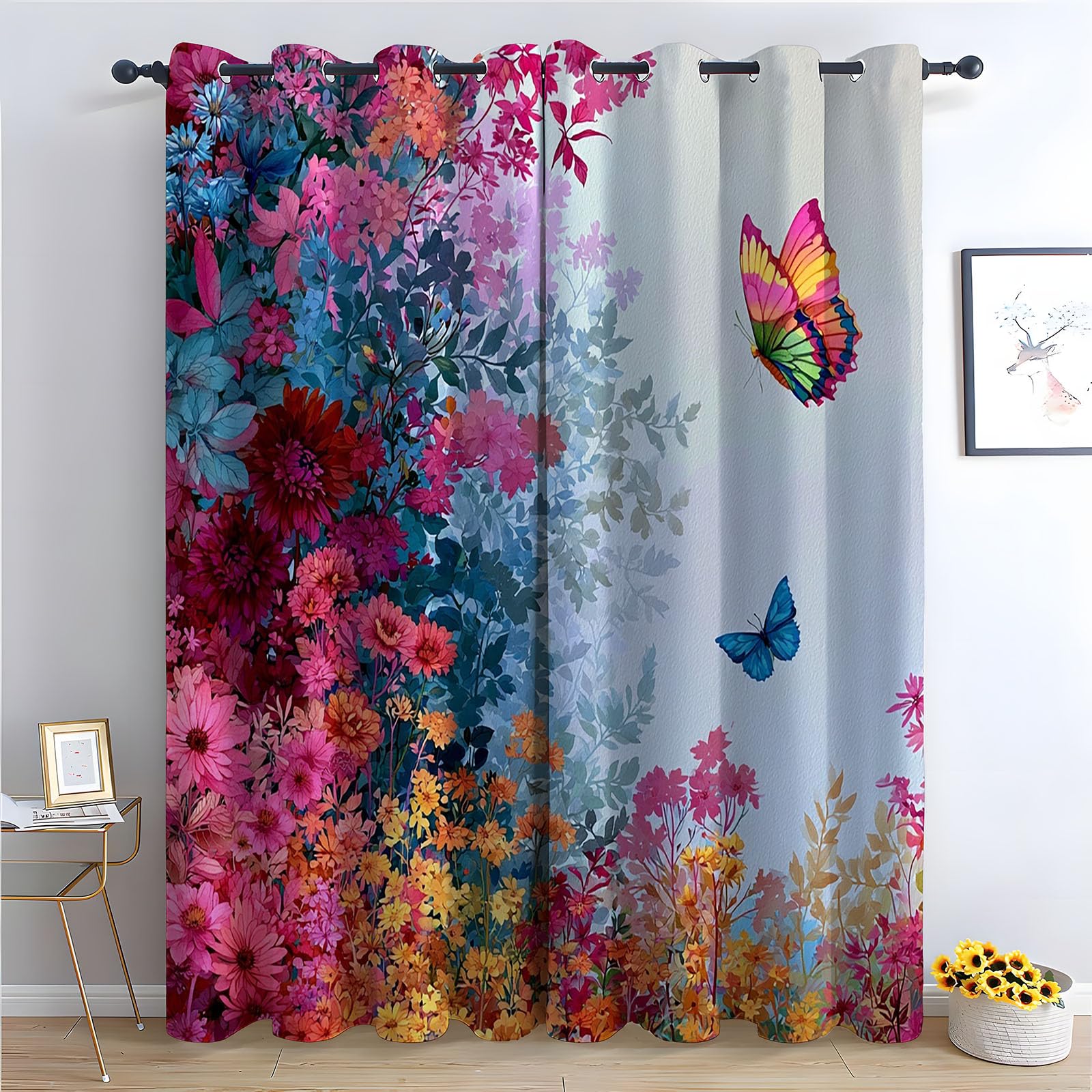 TERUEA 80% Blackout Curtains for Bedroom Gradient floral foliage colorful flying butterflies Curtains Landscape Scenery, 3D Pattern For Stall,-42" W x 72" L (Pack of 2)