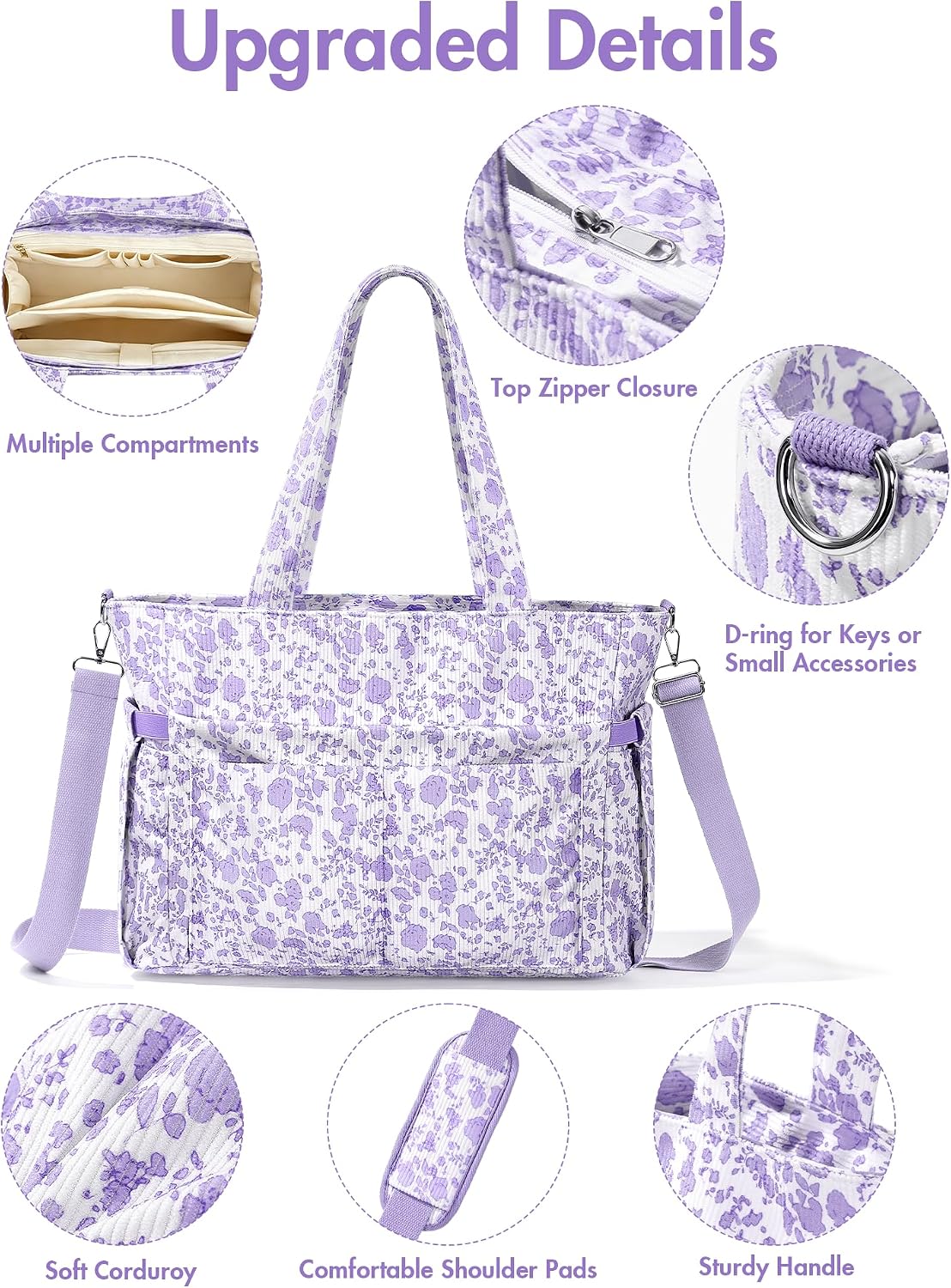 TESAFNG Corduroy Tote Bag for Women with 40oz Cup Holder, 17 Pockets Large Capacity Laptop Work Handbag with Adjustable