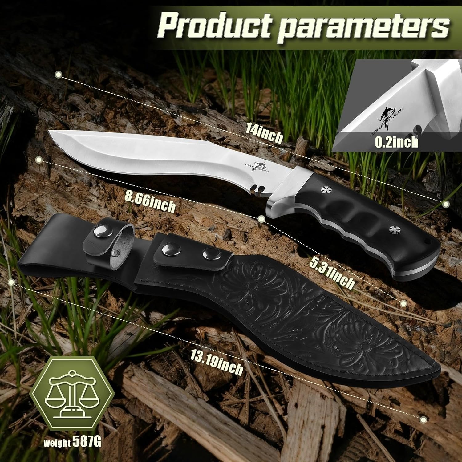 Purple Dragon Kukri Knife with Sheath - Heavy Duty Fixed Blade Knife with Full Tang Handle - Large Camping Knives - Birthday Gift for Men - Black