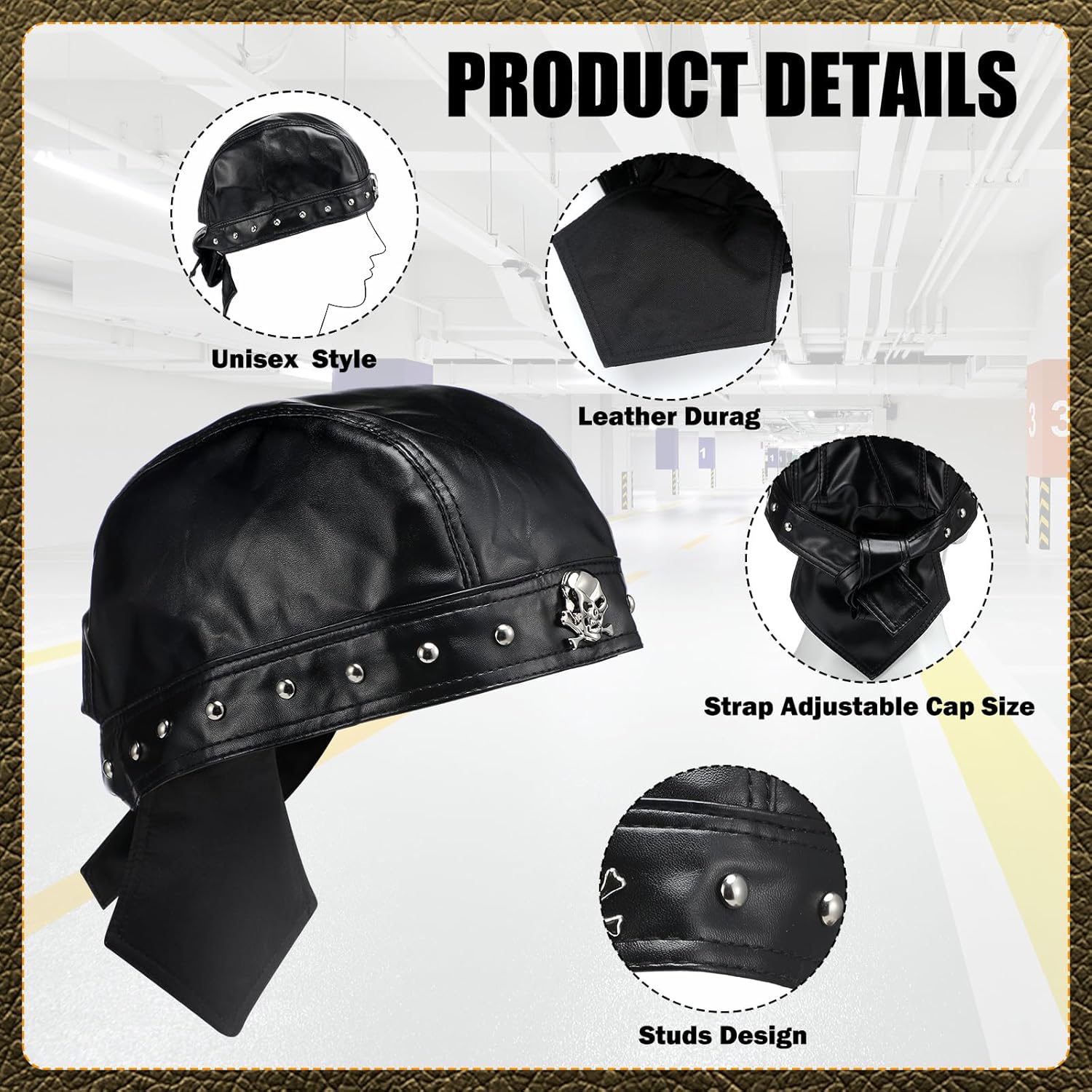 2 Pcs Leather Biker Skull Cap for Women Distressed Motorcycle Bandana Doo Rags Adjustable Skull Cap - Image 3