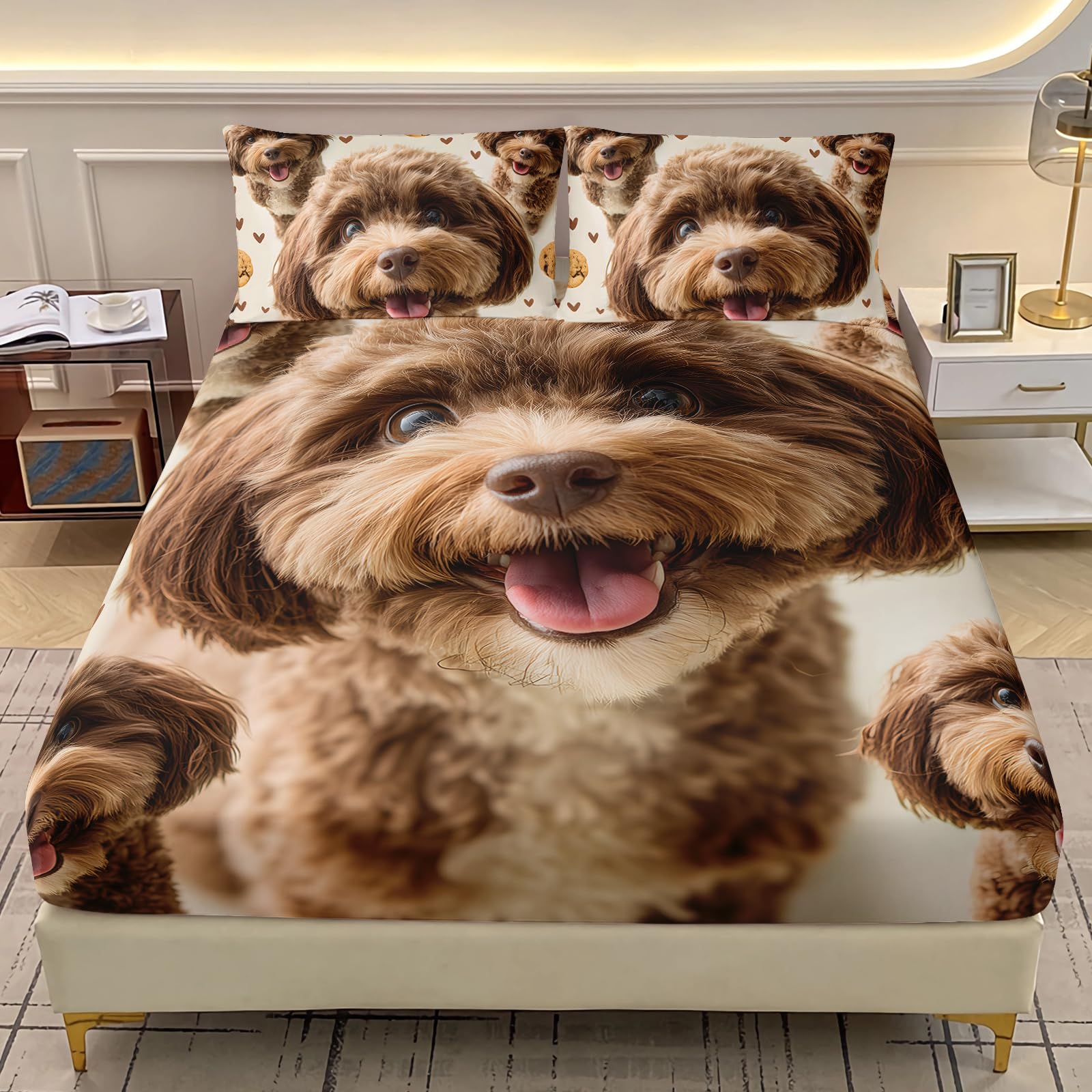 AILONEN Cute Puppy Print Fitted Sheet Set Queen Size,Brown Fluffy Dog Bedding Set for Kids Boys Girls,3-Piece Kawaii Pet Animal Theme Bedsheet with 2 Pillowcases