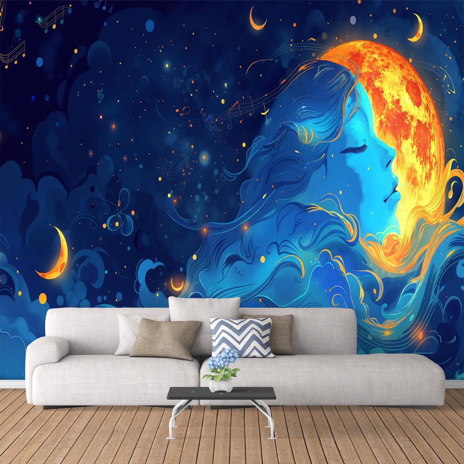 Peel and Stick Moon Goddess Wall Mural, Celestial Night Sky Self-Adhesive Wallpaper,Artistic Fantasy Wallpaper Removable Starry Moon Music Note Decor for Living Room Bedroom(Color-20, 137"L x 98"W)