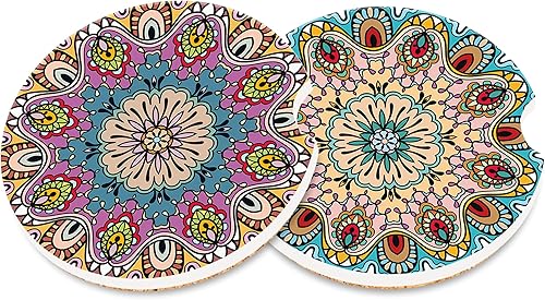 Portavasos de automóvil con mandala bohemio azul y morado para portavasos de automóvil, diseño floral de mandala, rosa, azul, posavasos de cerámica