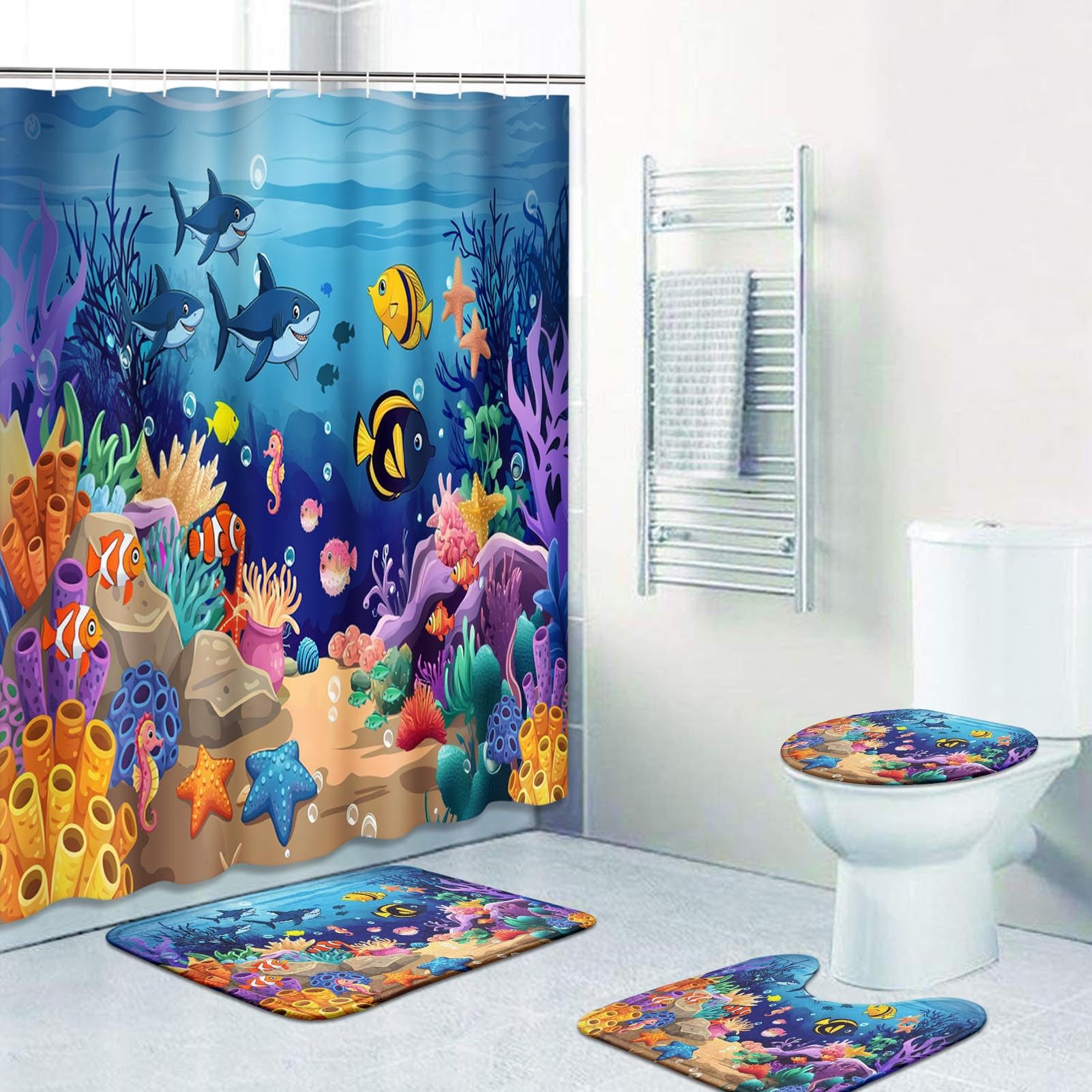 Rideaux de douche motif océan et tapis assortis pour salle de bain