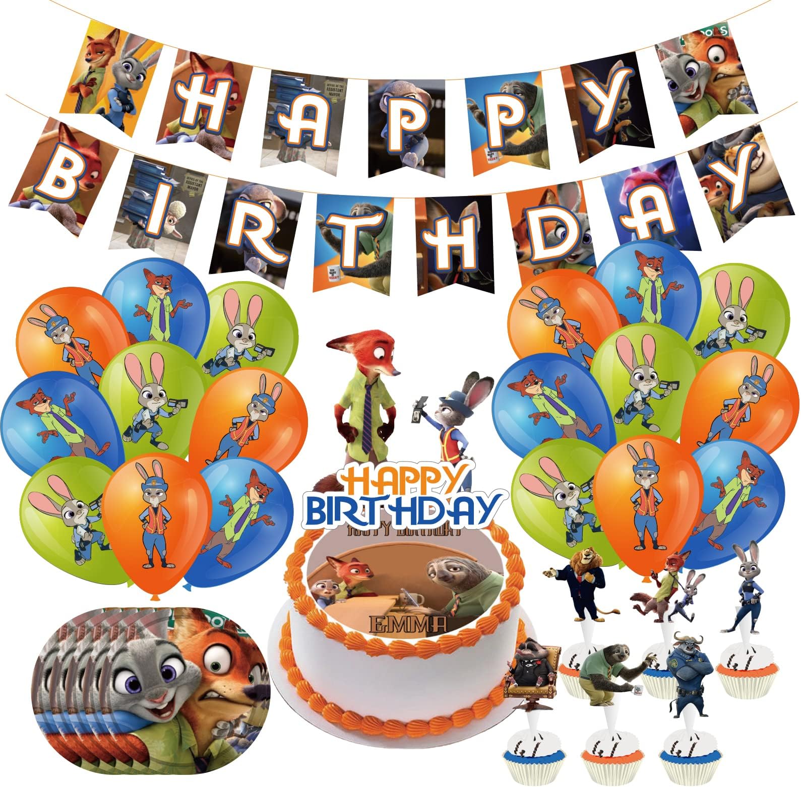 54Pcs Zoopia Party Supplies Cake Cupcake Topper Balloons Banner Birthday Decoration Favor