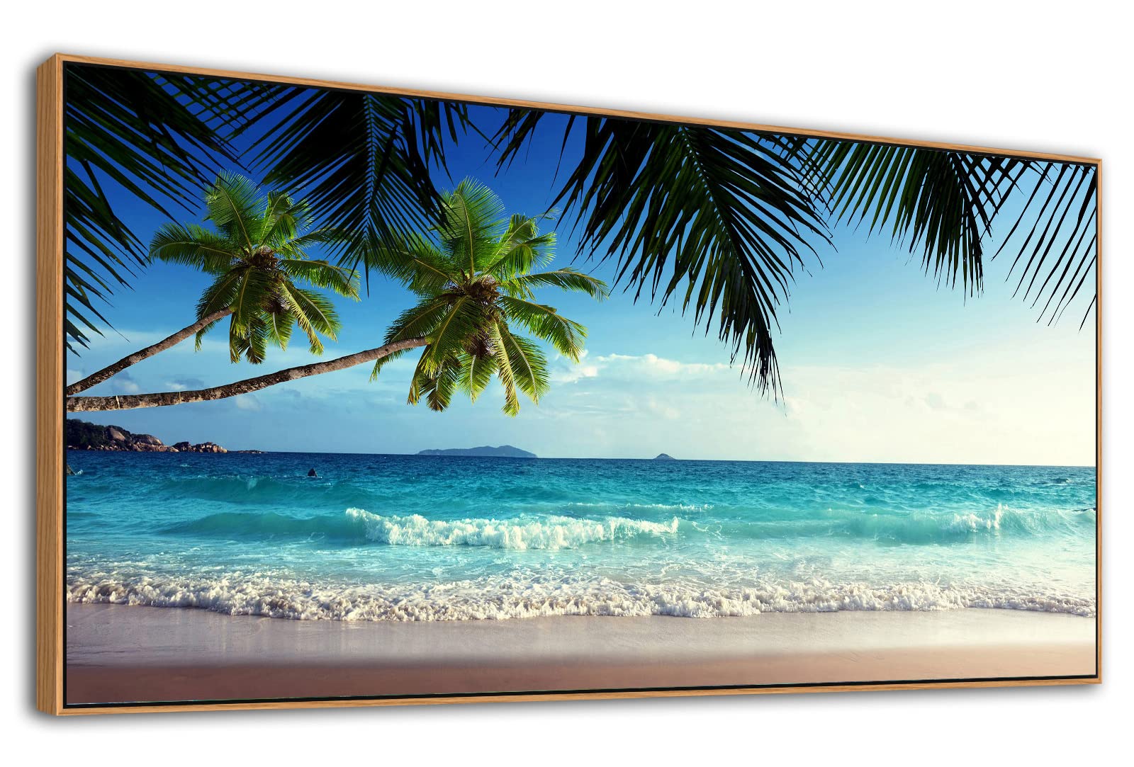 Framed Canvas Wall Art Sea Beach Canvas Pictures Coconut Trees on Sand Beach Canvas Print Panoramic Beach Scene Canvas Painting Ocean Nature Seascape Artwork Living Room Bedroom Wall Decor 24" x 48"