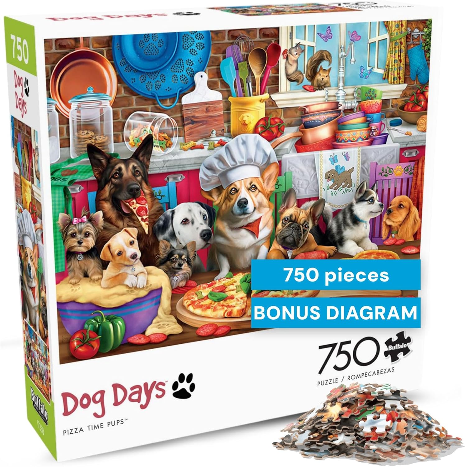 Buffalo Games - Pizza Time Pups by Brigid Ashwood 750 Piece Jigsaw Puzzle for Adults and Teens Colorful Dogs Kitchen Scene
