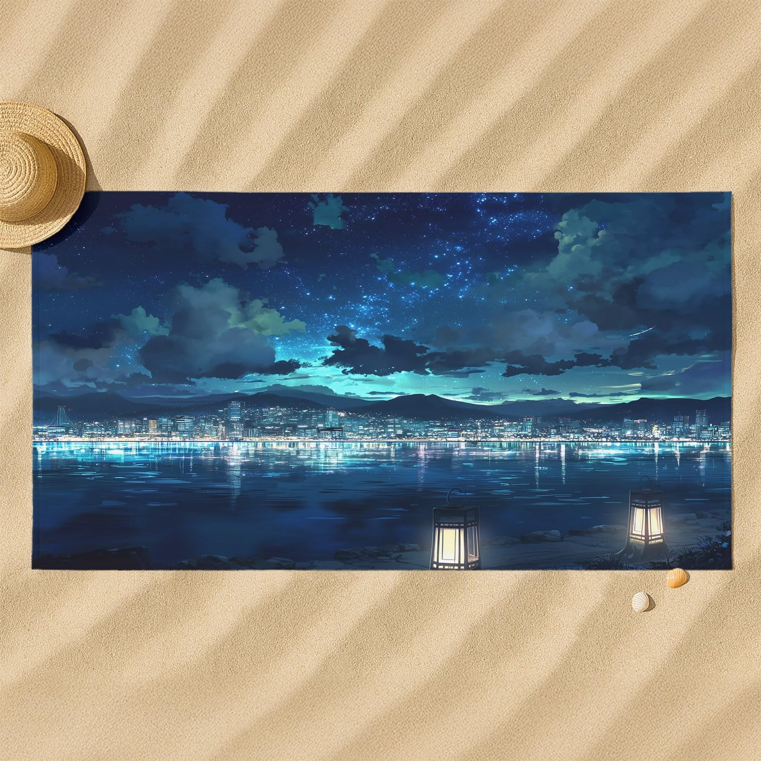 Sommer, Strand, Klar, Urlaub, Haustiere Strandtuch 200 x 145 cm – Saugfähiges Schnell trocknendes Strandtuch Welpe im gestreiften Badeanzug, Strand, Seesterne für Campen, Picknick, Ausflüge