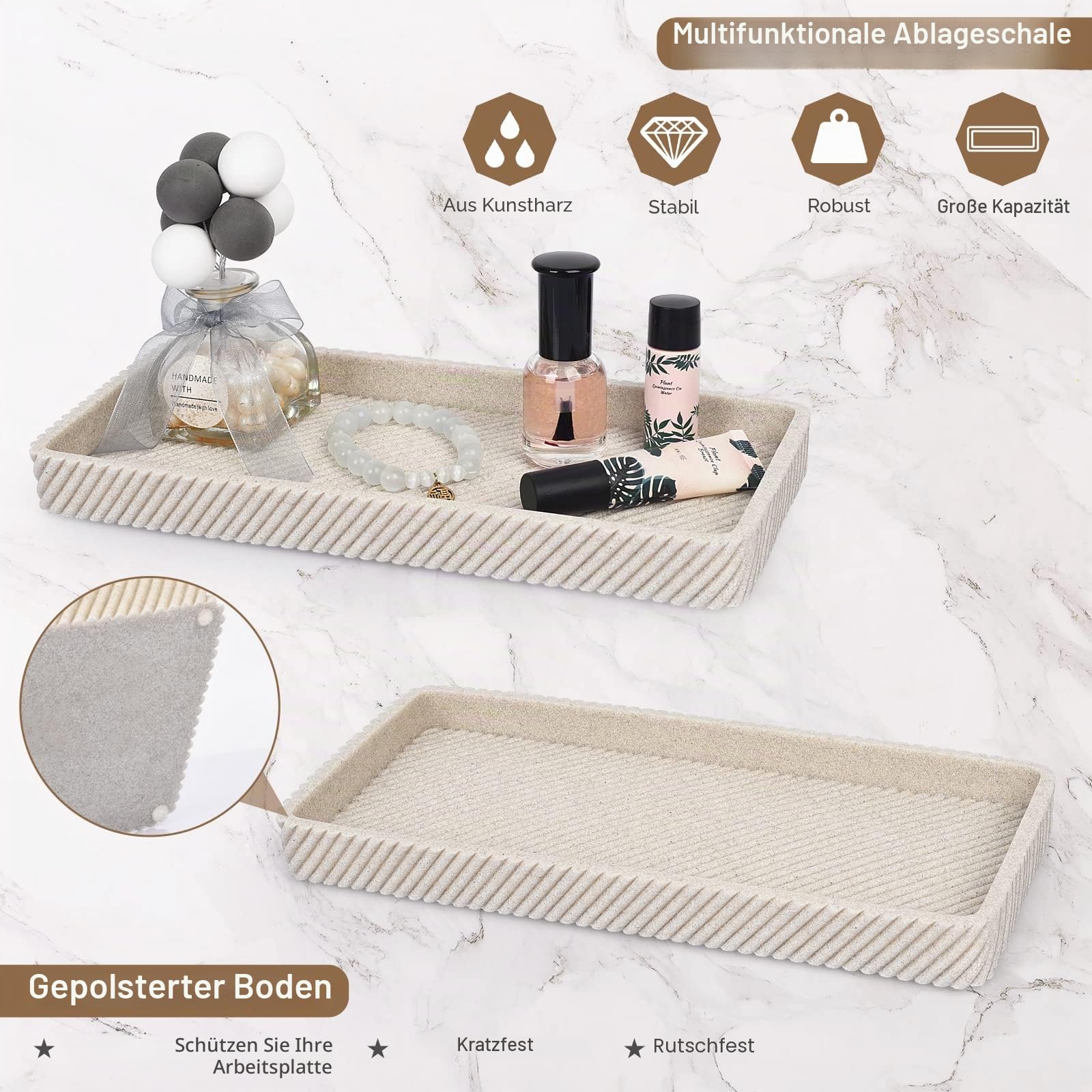 Badezimmer-Zubehör-Set, 4-teilig, Lotion-Seifenspender, Zahnbürstenhalter, Qtip-Halter, Schminktisch-Tablett für Dekoration, Badezimmer, Arbeitsplatte, Schminktisch-Organizer, Beige