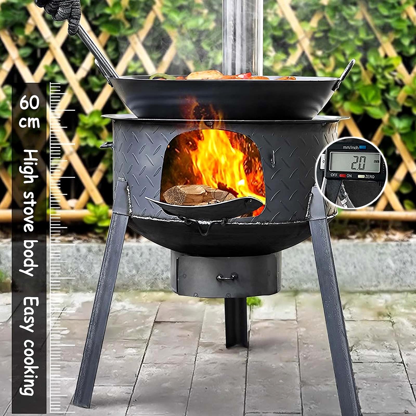Stufa a Legna per Casa Rurale con Tubo di Fumo Fornelli da Campeggio Portatili con Piastra in Acciaio Spessa 2mm per Soffriggere, Bollire, Cuocere a Vapore, Grigliare(43 * 43 * 60cm)