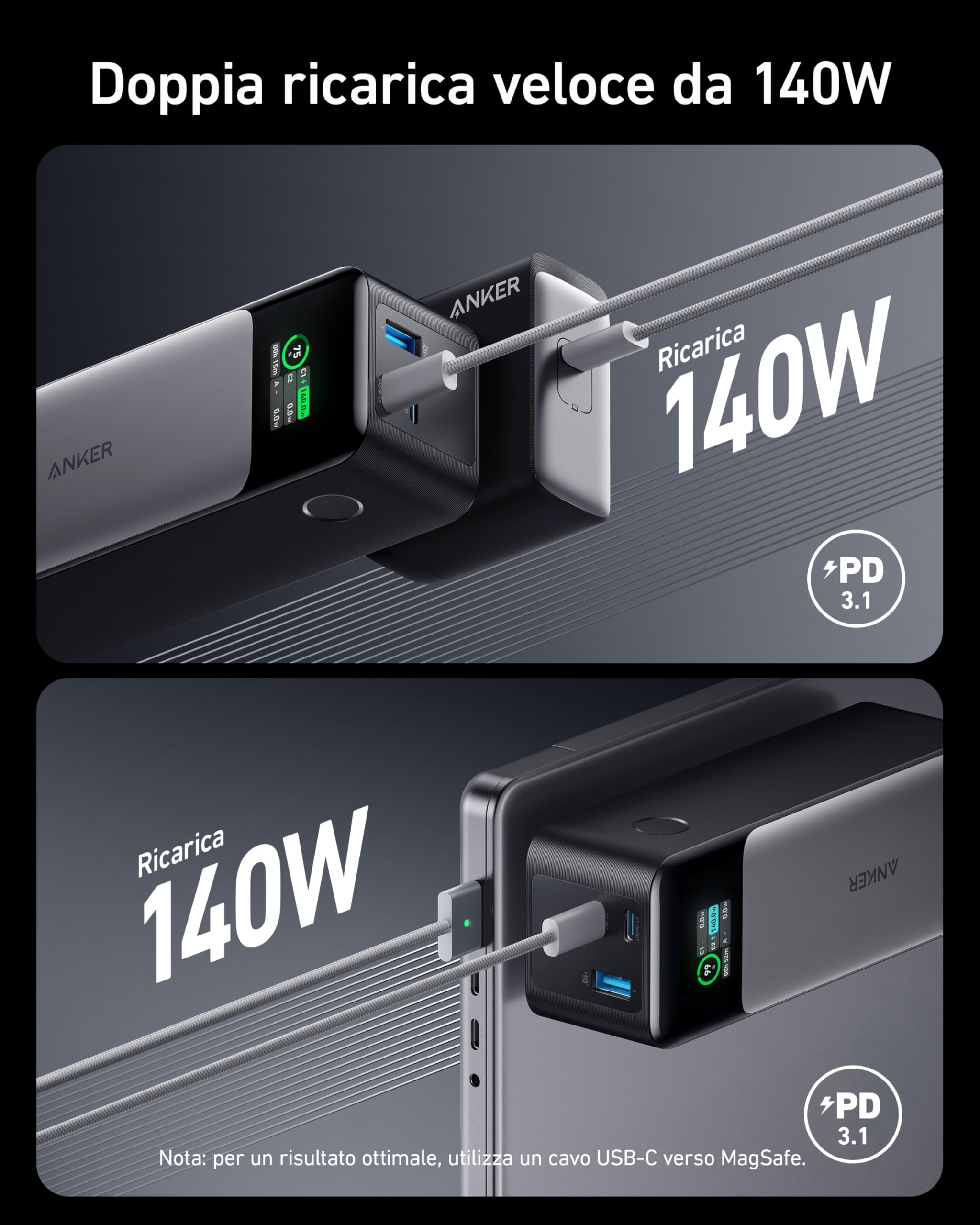 Anker Power Bank Ricarica Rapida, 737 PowerCore 24K, Batteria Esterna da 24000 mAh con 3 Porte, Potenza 140 W, Display Digitale, Compatibile con iPhone 16/15, Samsung, MacBook, Dell, e altro ancora