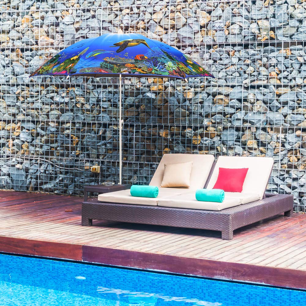 "Coral Reef" Strand-Sonnen-Garten-Freibad-Baggersee-Schirm leicht tragbar Markt-Terrassen-Balkon-Urlaub-Camping-Zelt-Schirm Sonnenschutz 50+ Rund klappbar höhenverstellbar