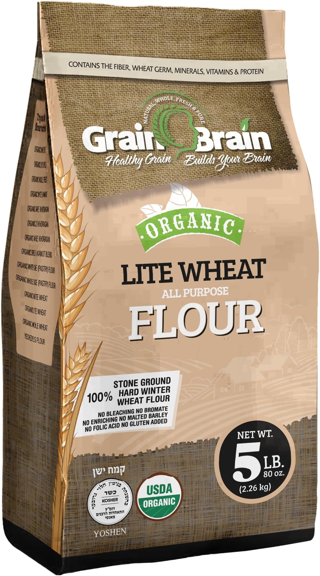 Grain Brain Organic Lite Wheat Flour 5lb Sifted Whole Wheat With Parts of Bran Removed To Create Lighter And Finer Texture