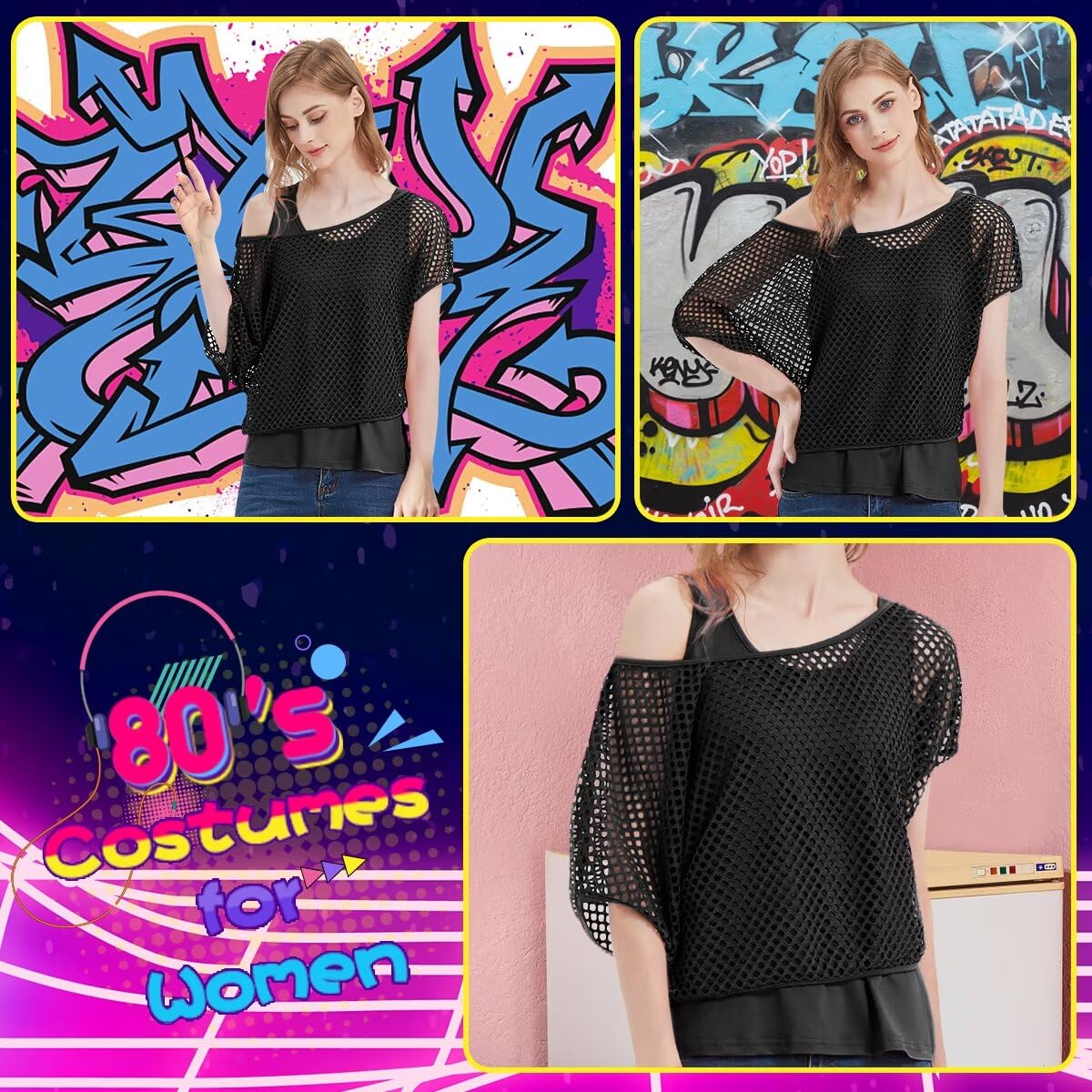 Haut décontracté sexy à épaules dénudées pour femme - T-shirt imprimé lèvres - Tenue fluo des années 80 et 90 - Costume surdimensionné à manches courtes