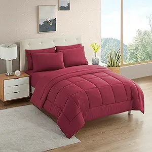 RV Short Queen Comforter Set for RV Camper - Comforter Set with Fitted & Flat Sheet, 4 Pillowcases - Tailored for RV Short Queen Beds - Cozy Essentials for Your RV Bedroom, Burgundy