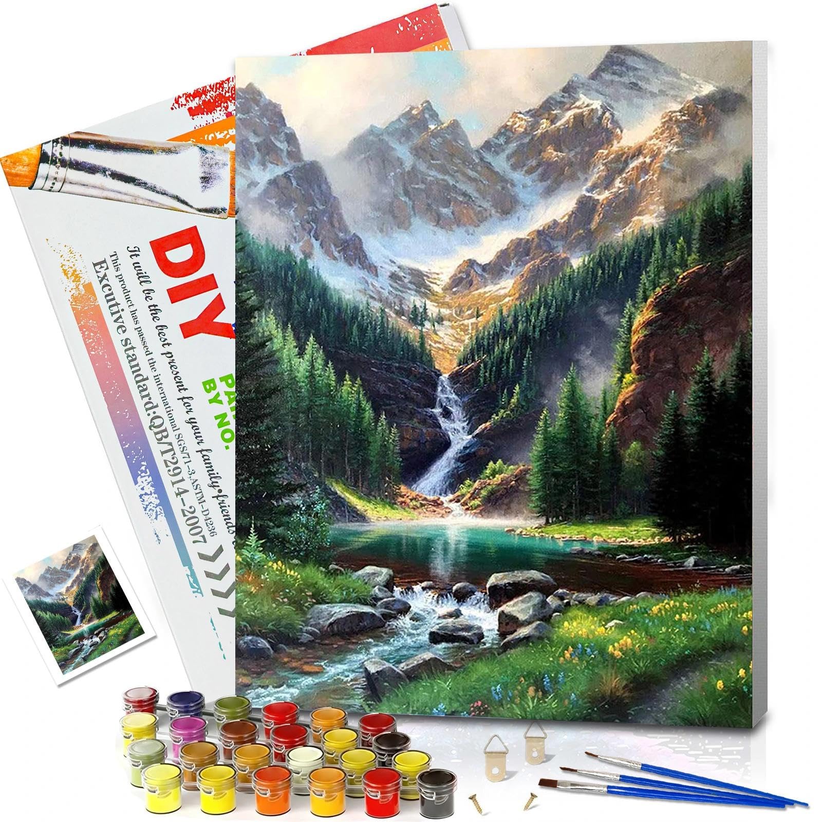YALKIN Paint by Numbers Kits for Adults, Mountain Stream Framed Painting by Number Kits On Canvas, DIY Color Oil Painting Acrylic Paints, Home Wall Decor 12x16in/30x40cm (with Frame)